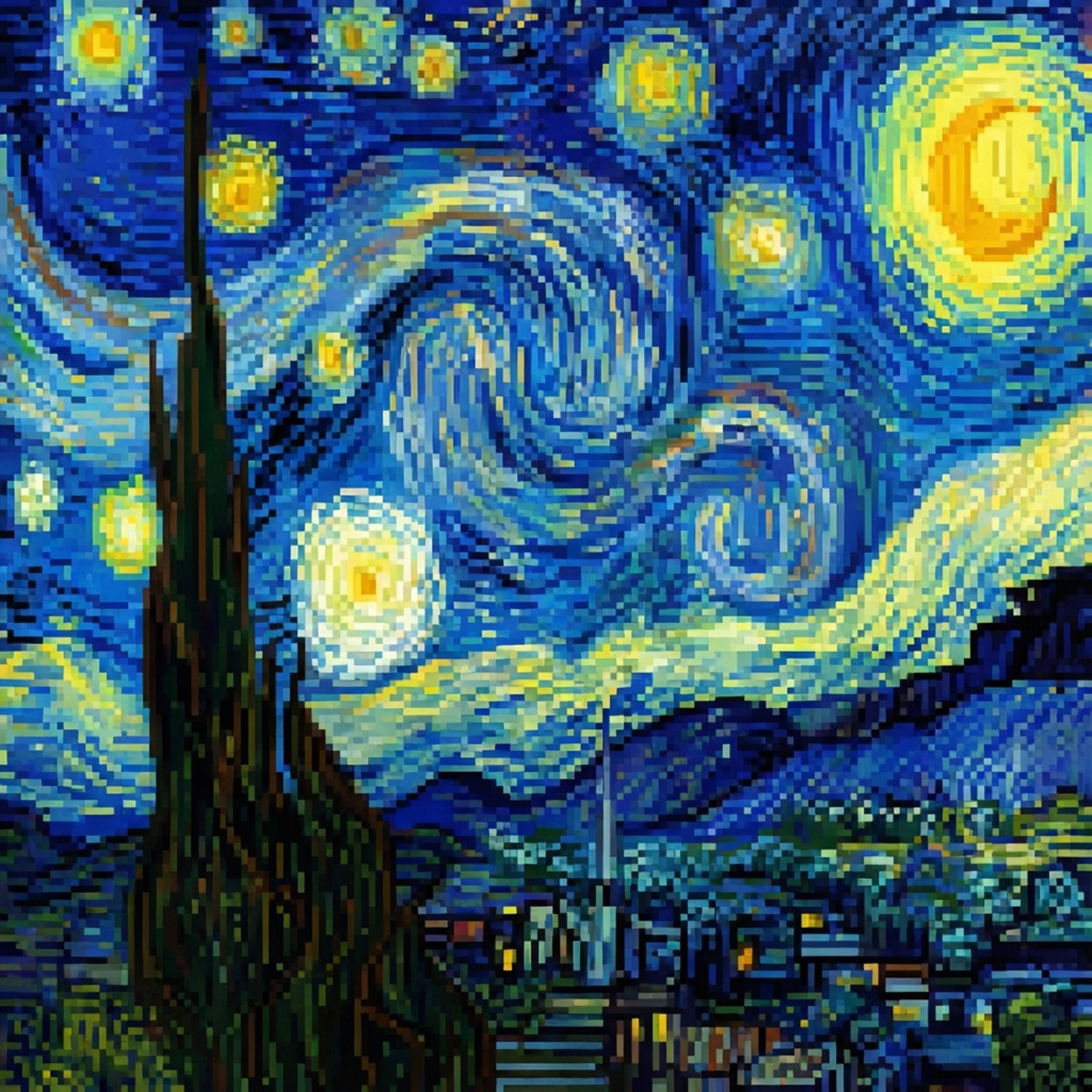 Starry Night Pixel 壁紙 — 梵谷《星夜》的像素化版本，帶有旋轉的藍色和黃色，柏樹和村莊上方有一彎新月。