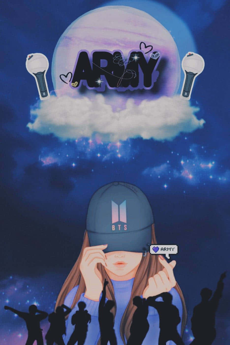 戴BTS帽子的粉絲仰望帶有「ARMY」和應援棒的月亮，被歡呼的剪影包圍。 — Bts 壁紙