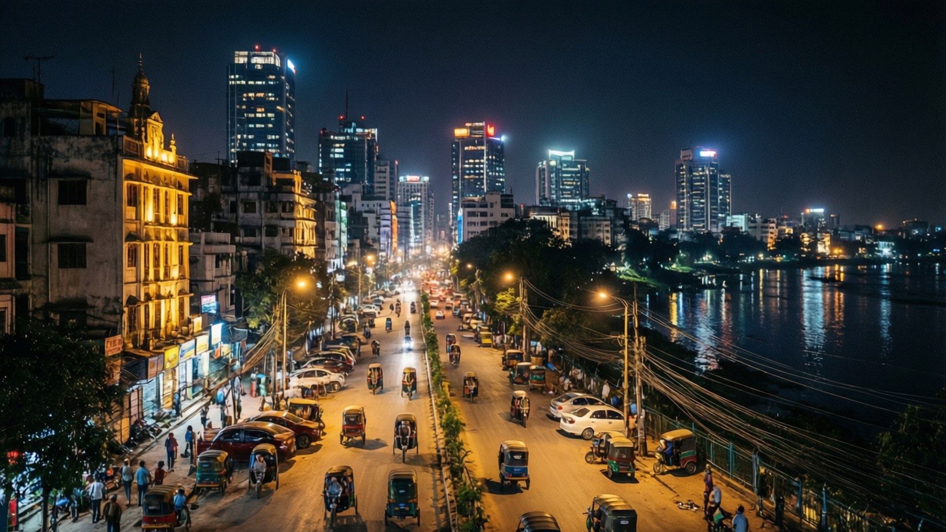 Dhaka Night Skyline 壁紙 — 繁忙的夜間城市街道，充滿發光的車輛和行人，旁邊是反射的河流，天空漆黑。