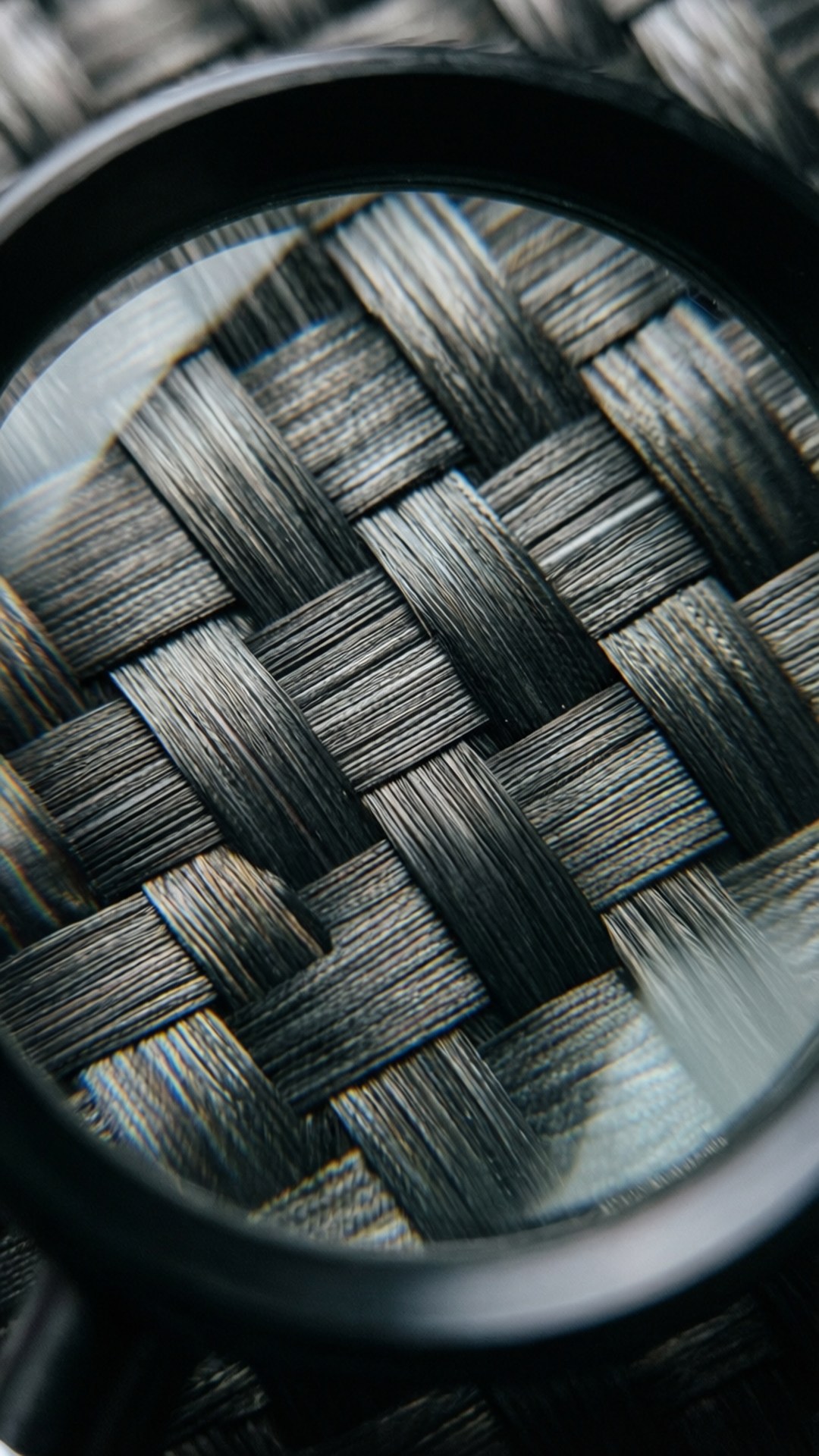 Carbon Fiber Through Magnifying Glass 壁紙 — 放大鏡揭示複雜編織的碳纖維紋理，帶有金屬光澤和清晰的幾何圖案。
