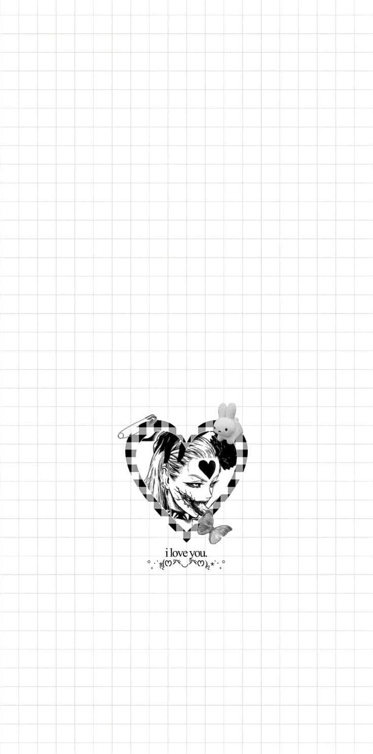  壁紙 — 方格紙上一個格子心形內的黑白小丑頭像，下方有「i love you」文字。