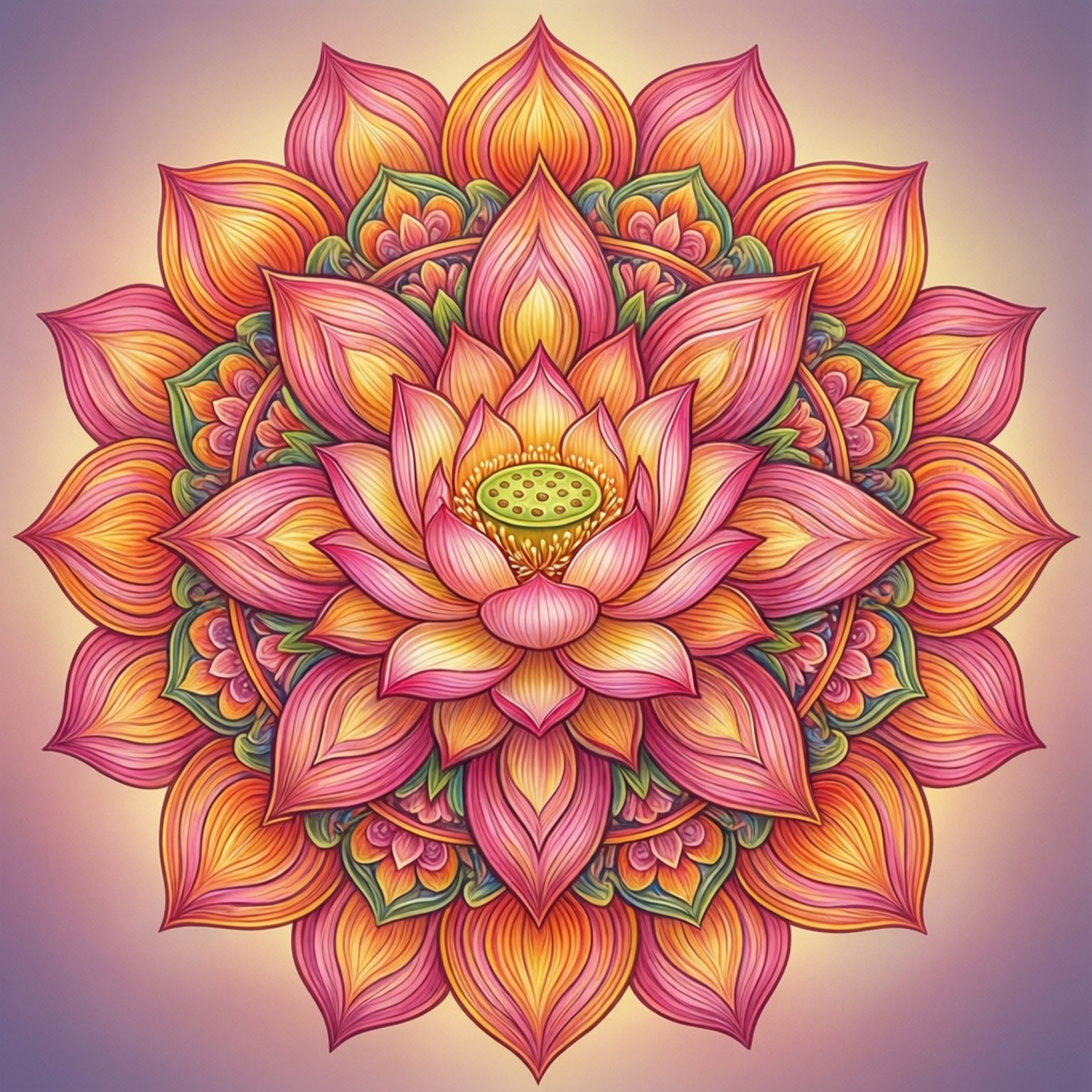 花卉曼陀羅嗡字 壁紙 — 一個以盛開蓮花為中心的放射狀對稱曼陀羅，帶有層疊的粉橙色花瓣和綠色點綴，背景為柔和的紫色漸變。