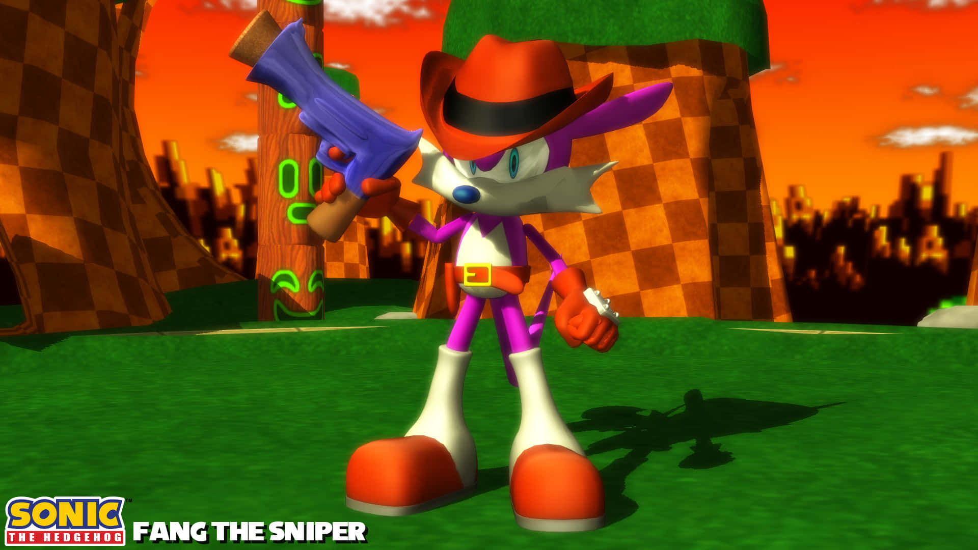 Fang The Sniper 桌布 壁紙 — Fang the Sniper 來自《音速小子》站在格子峽谷中，在橙色夕陽天空下拿著紫色步槍。