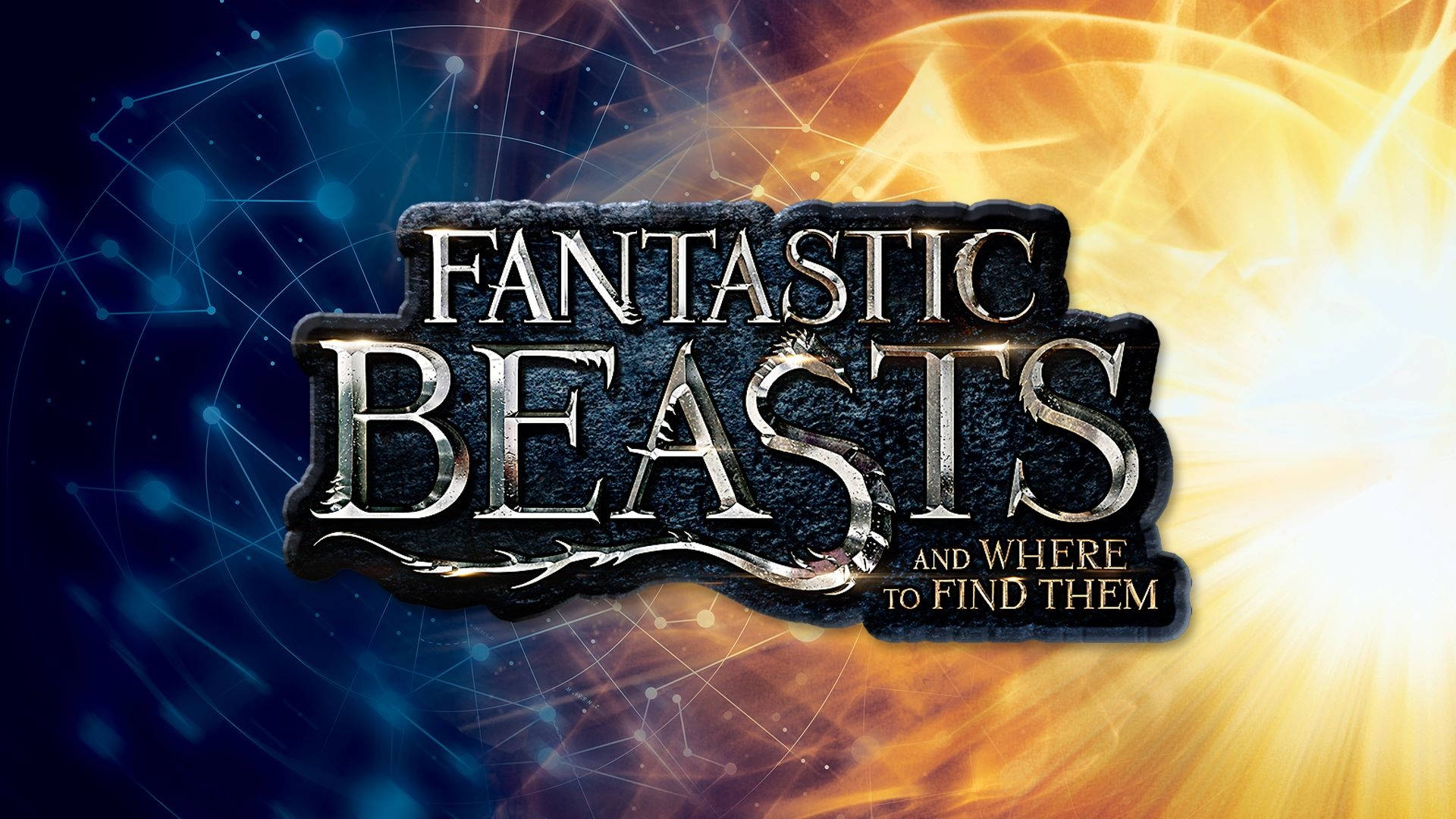 電影動圖 桌布 壁紙 — 「Fantastic Beasts」的標題在藍色星星和金色光線的宇宙背景下，以華麗的銀色字母發光。