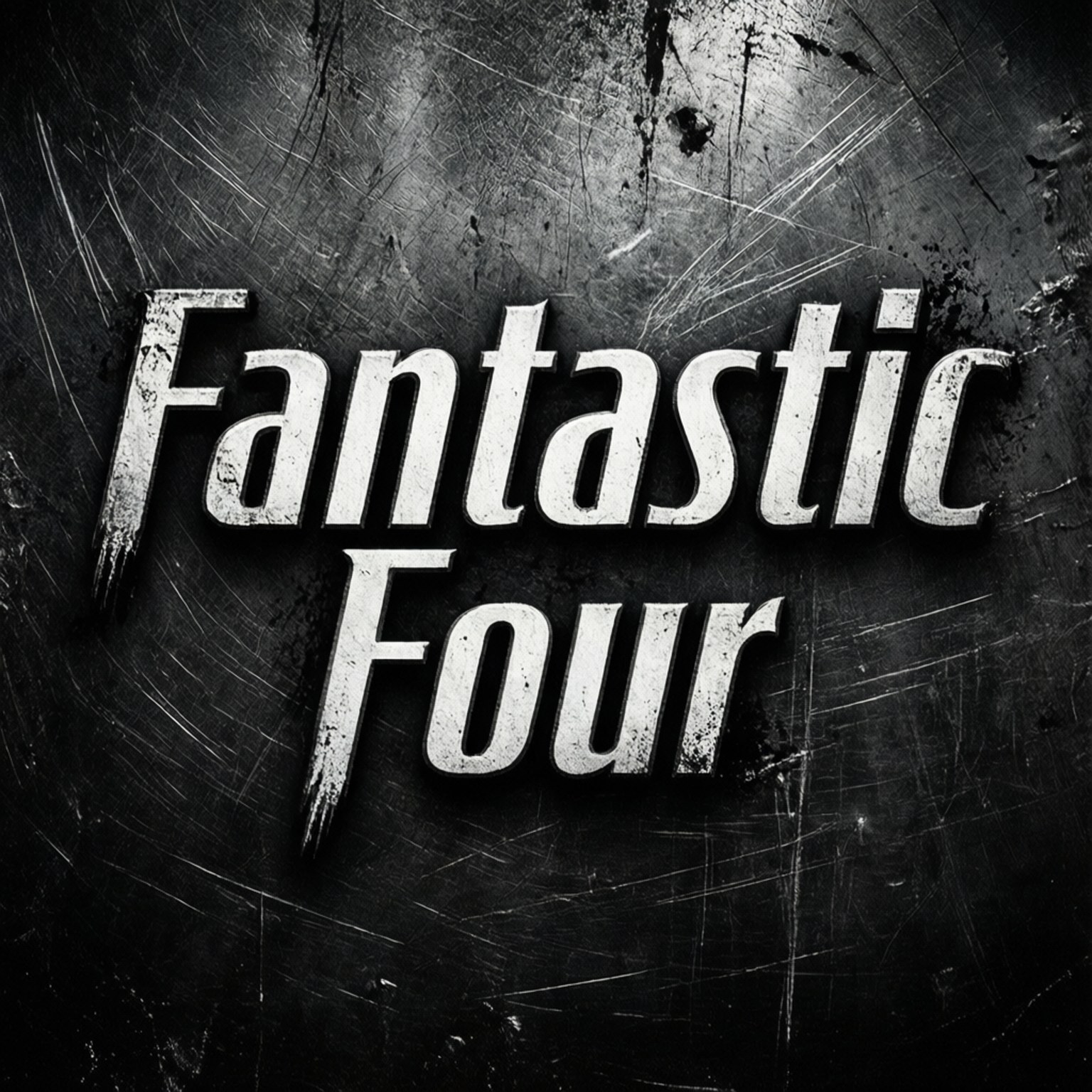 Fantastic Four 桌布 壁紙 — 「驚奇四超人」一詞以粗體白色字母在刮花的黑色金屬表面上突出，帶有粗糙質感。