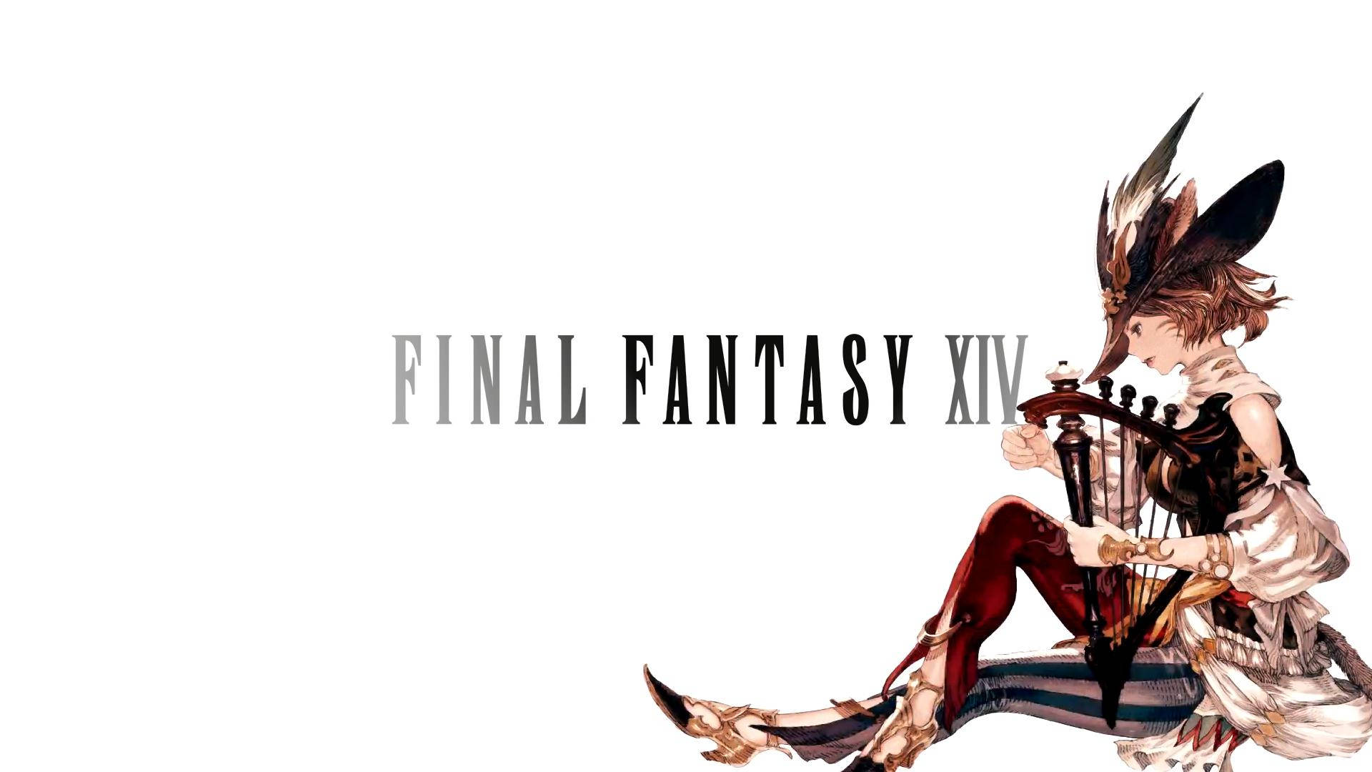 動漫角色在 Final Fantasy XIV 標誌旁邊彈奏豎琴 — 最終幻想14 壁紙