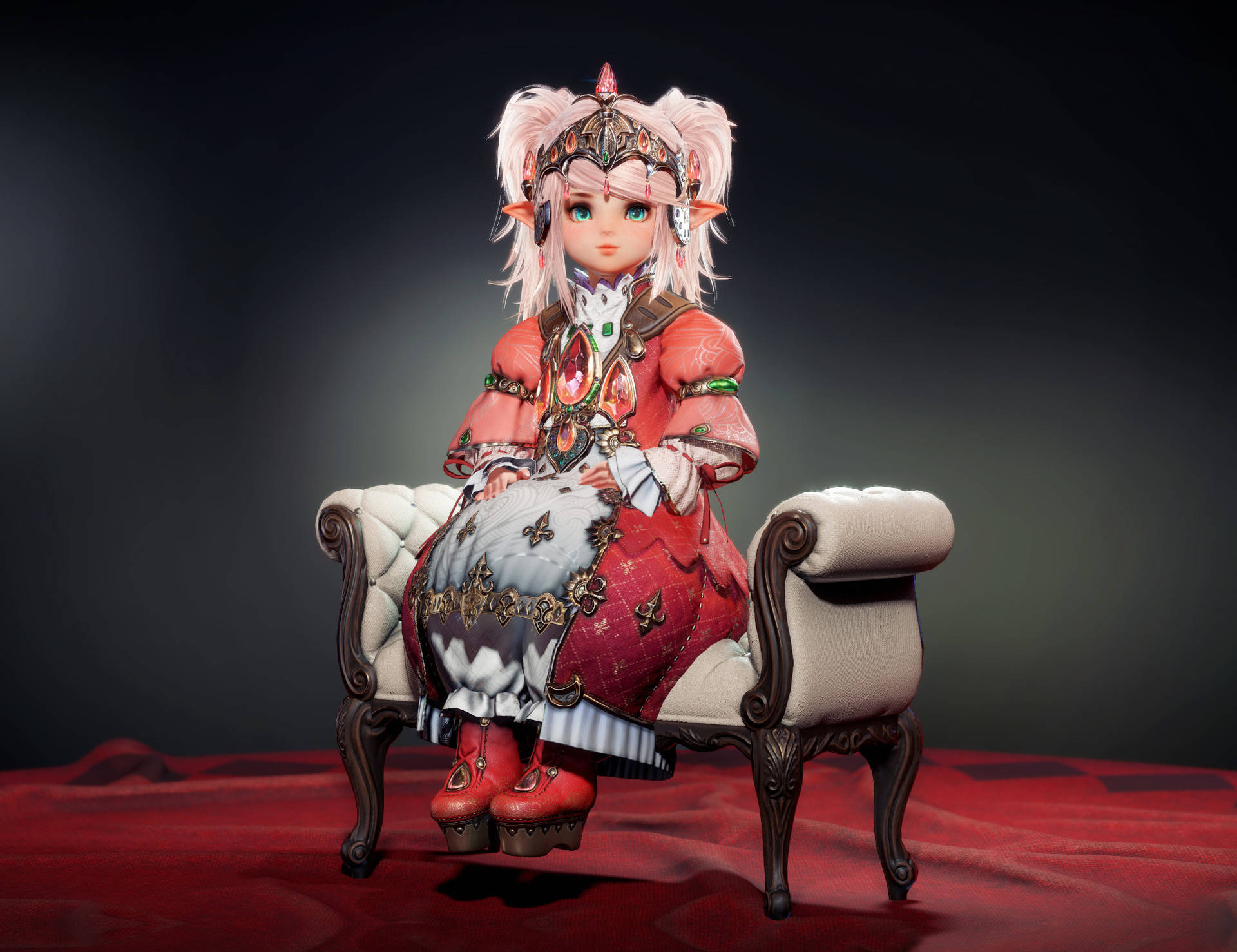 身穿紅色奇幻服裝的動漫女孩坐在裝飾椅上 — 最終幻想14 壁紙