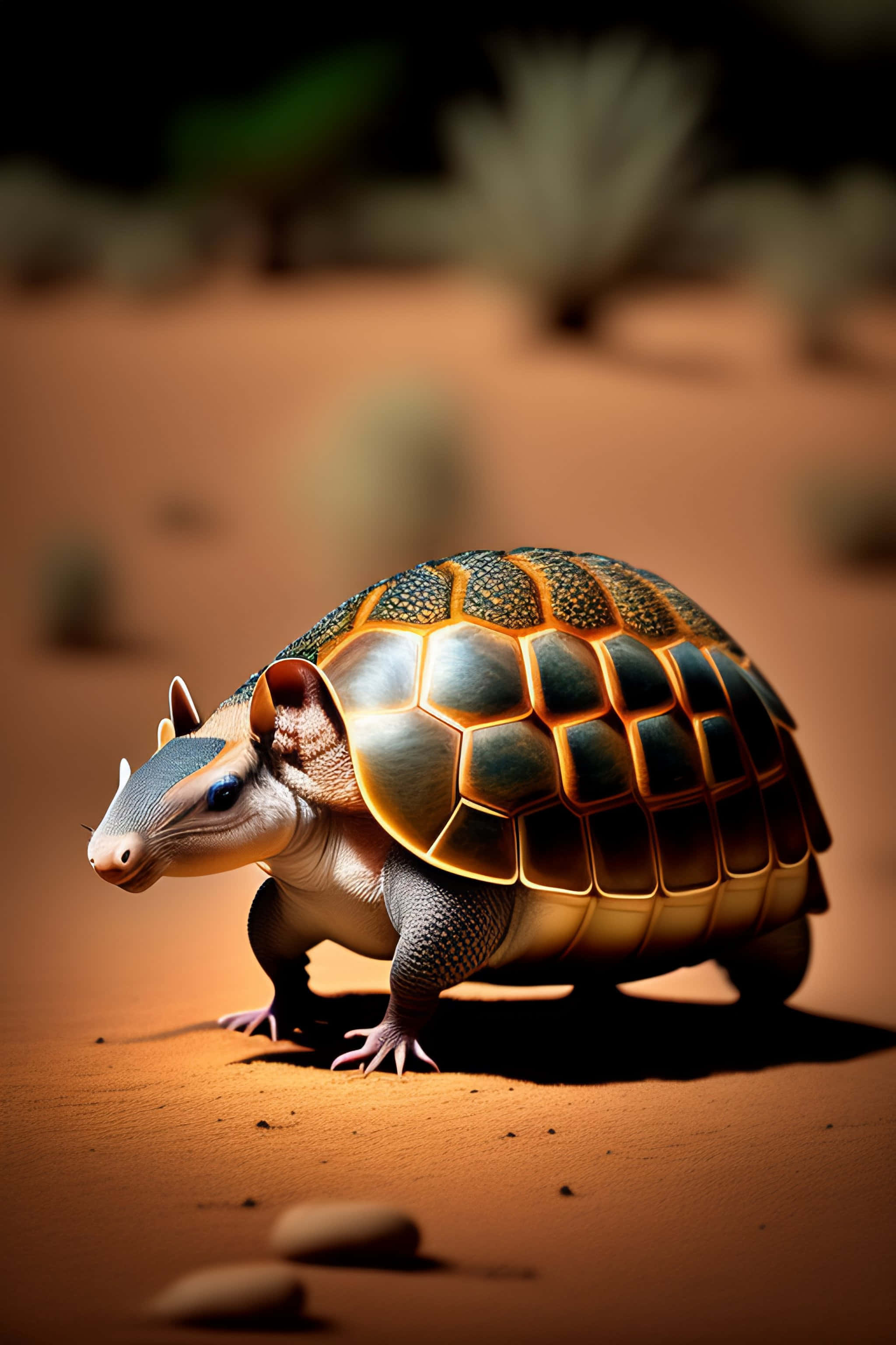 armadillo 桌布 壁紙 — 一隻帶有分段甲殼的奇幻犰狳在溫暖的沙漠景觀中行走的詳細數位插圖。