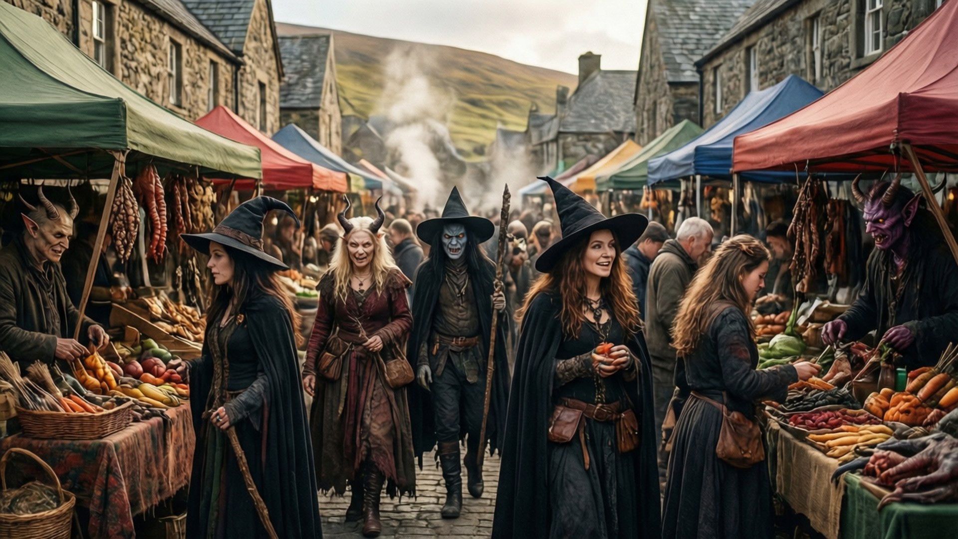 Boiling Isles Market 壁紙 — 奇幻市場場景，女巫和惡魔商販在石頭村莊的彩色帳篷下出售農產品。