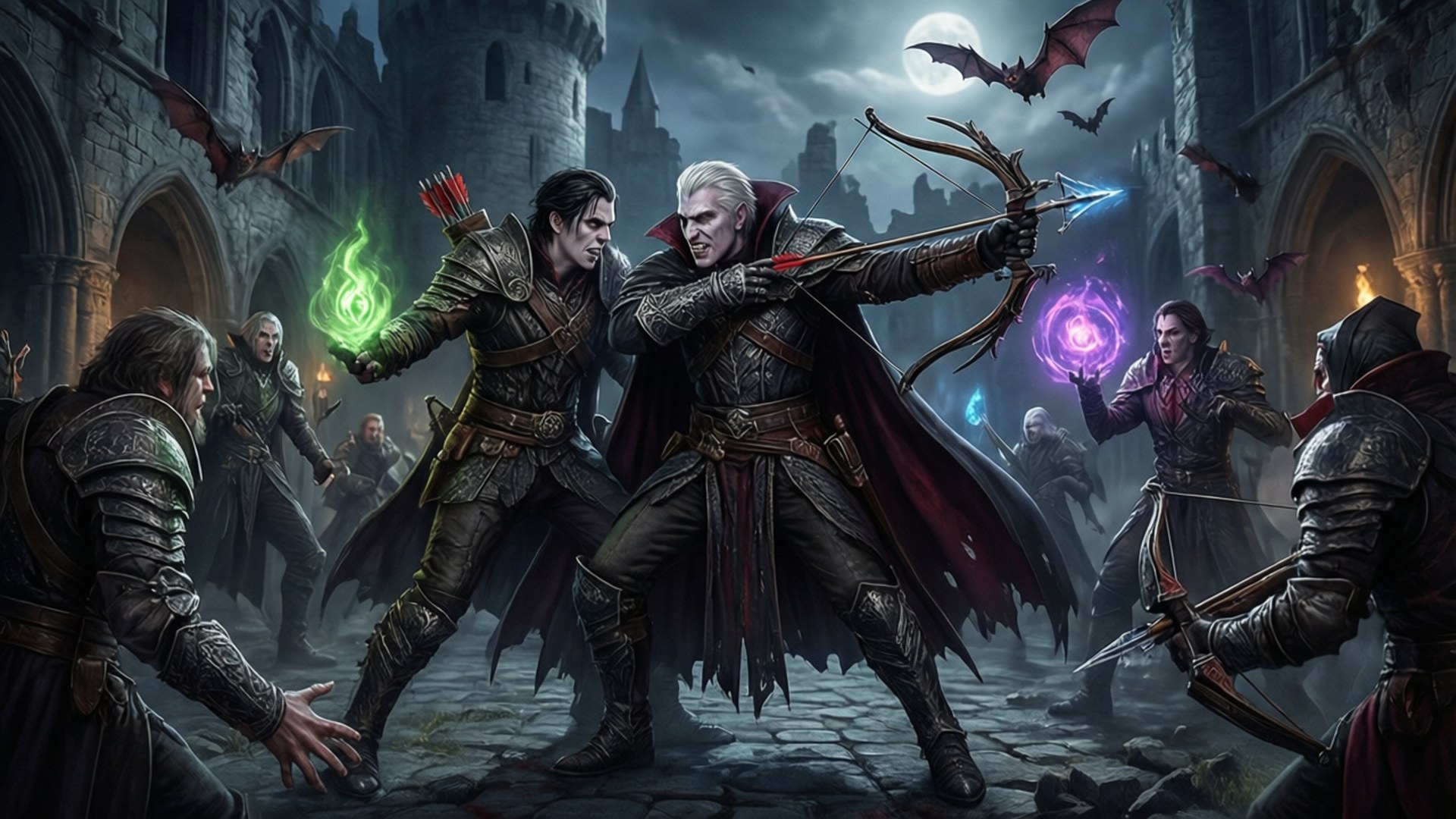 Dawnguard vs Vampire 壁紙 — 一群奇幻戰士和法師在月光照耀的哥德式庭院中交鋒，蝙蝠在頭頂飛翔，魔法閃爍著鮮豔的色彩。