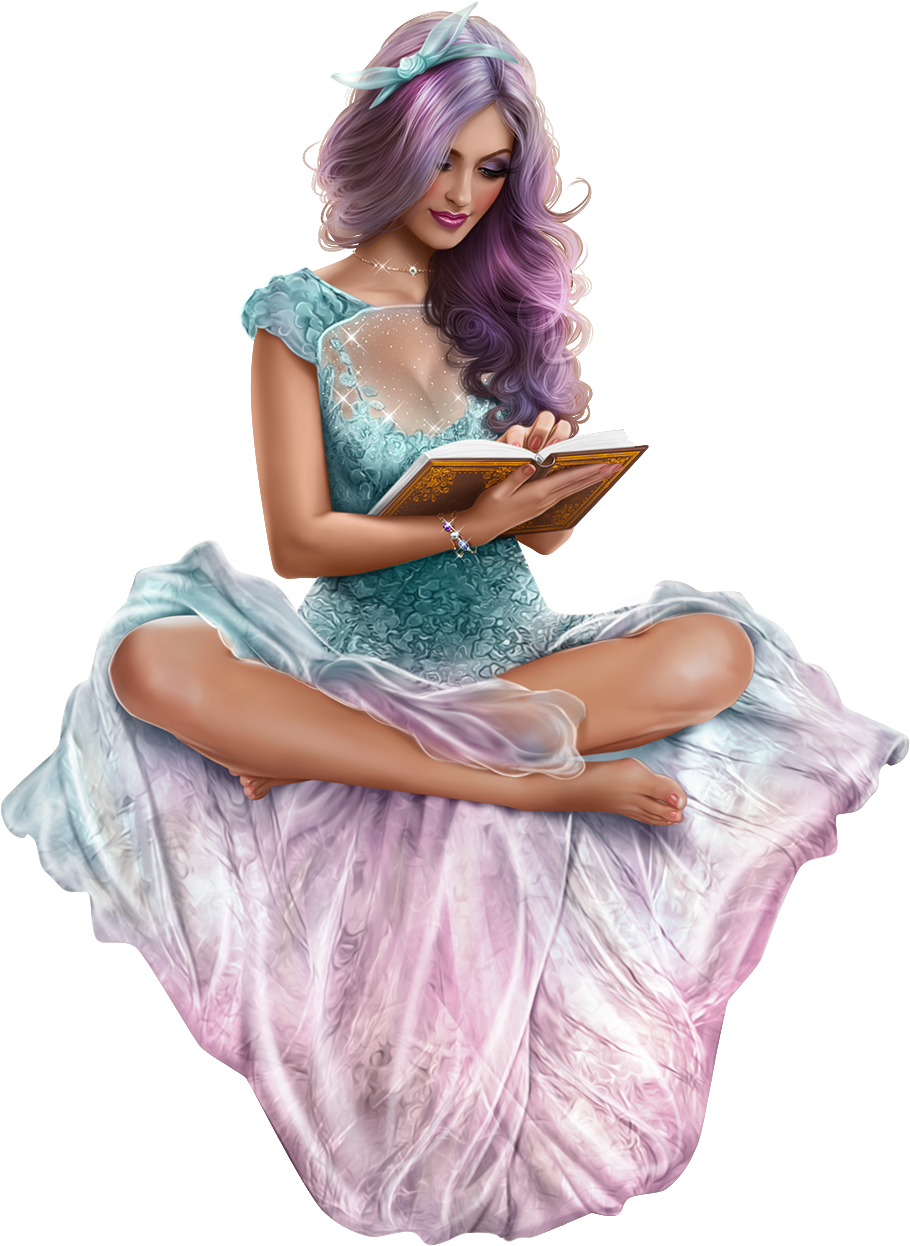 一位紫髮幻想女性穿著飄逸長袍看書。 — 3D 壁紙