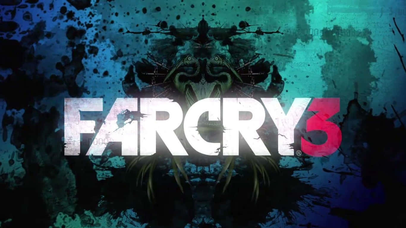 1366x768 Far Cry 3 桌布 壁紙 — Far Cry 3 標誌在藍綠色和藍色飛濺的混亂背景中發光，帶有威脅性的部落面具剪影。