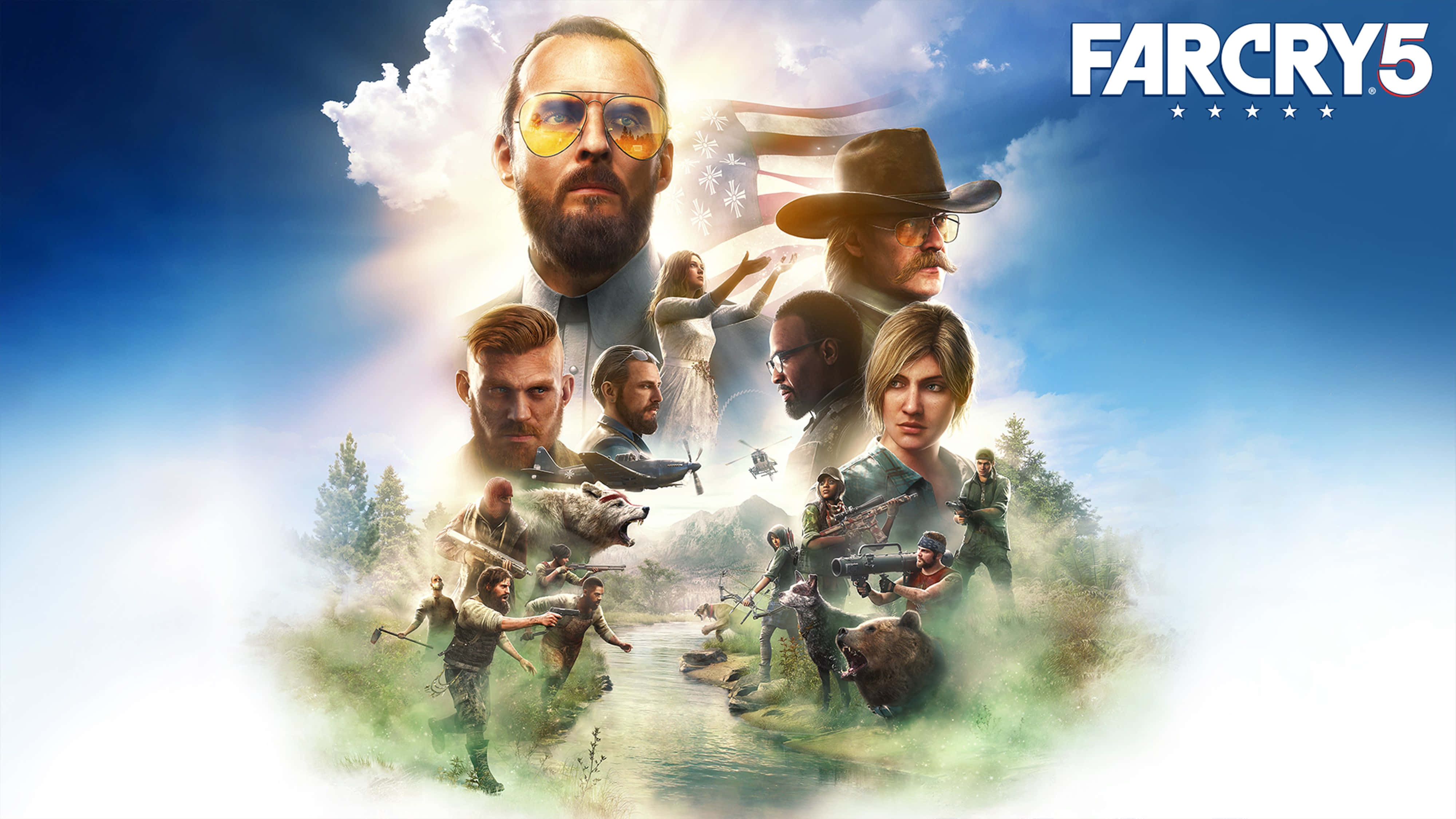 桌布 壁紙 — Far Cry 5 角色和野生動物在明亮的藍天白雲下從河流中迸發的動態拼貼畫。