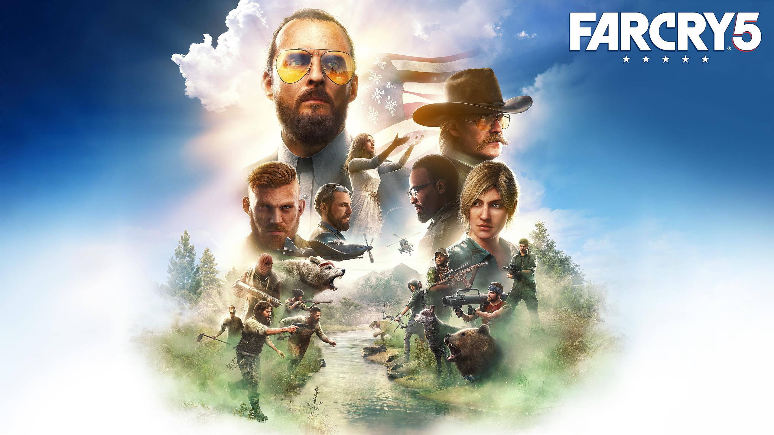 電玩遊戲 桌布 壁紙 — Far Cry 5 角色的戲劇性拼貼畫，以明亮的藍天白雲和下方的河流為背景。