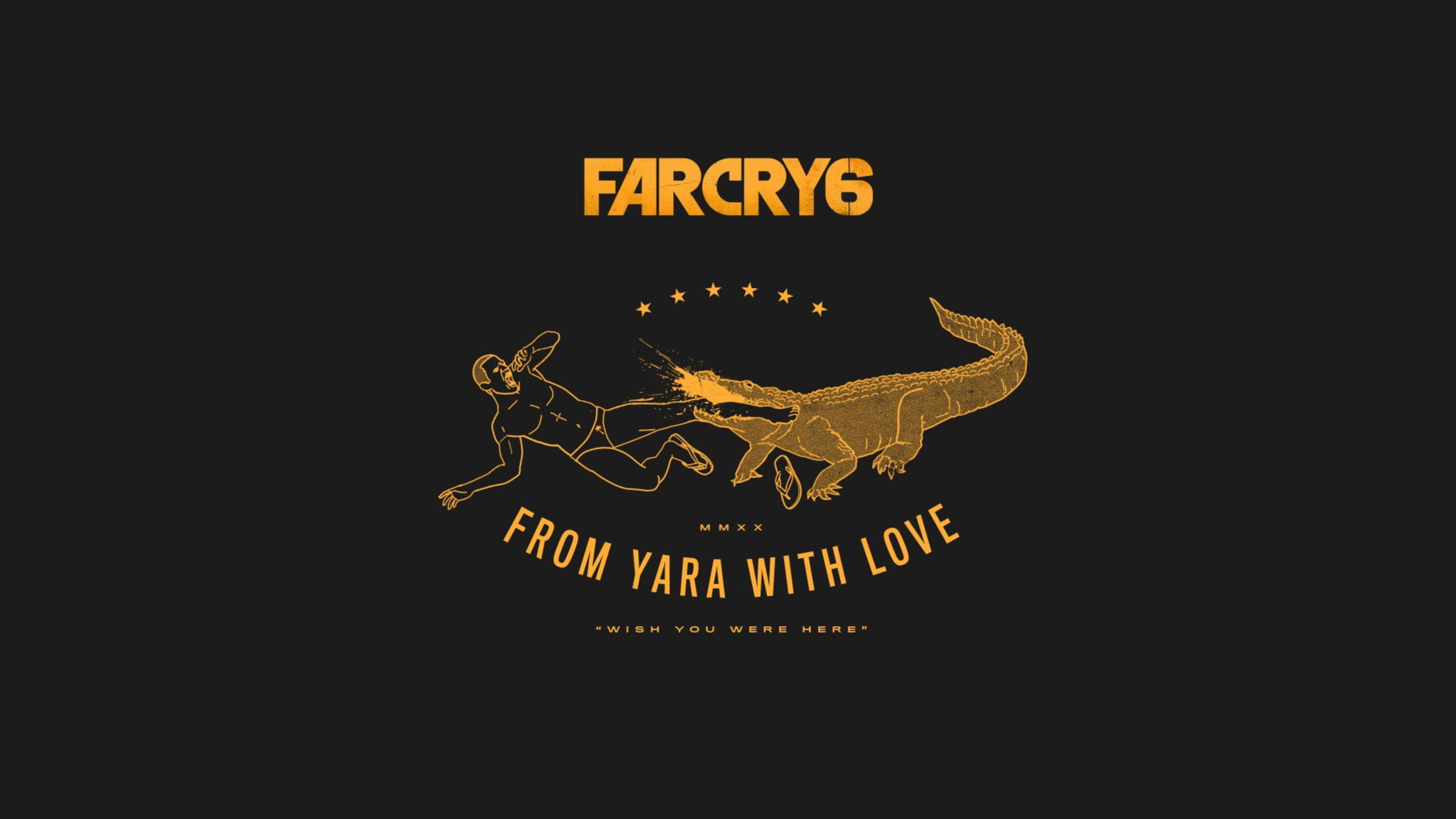 極地戰嚎 6 桌布 壁紙 — Far Cry 6 的金色線條藝術標誌顯示一個男人被鱷魚咬住，背景為黑色。