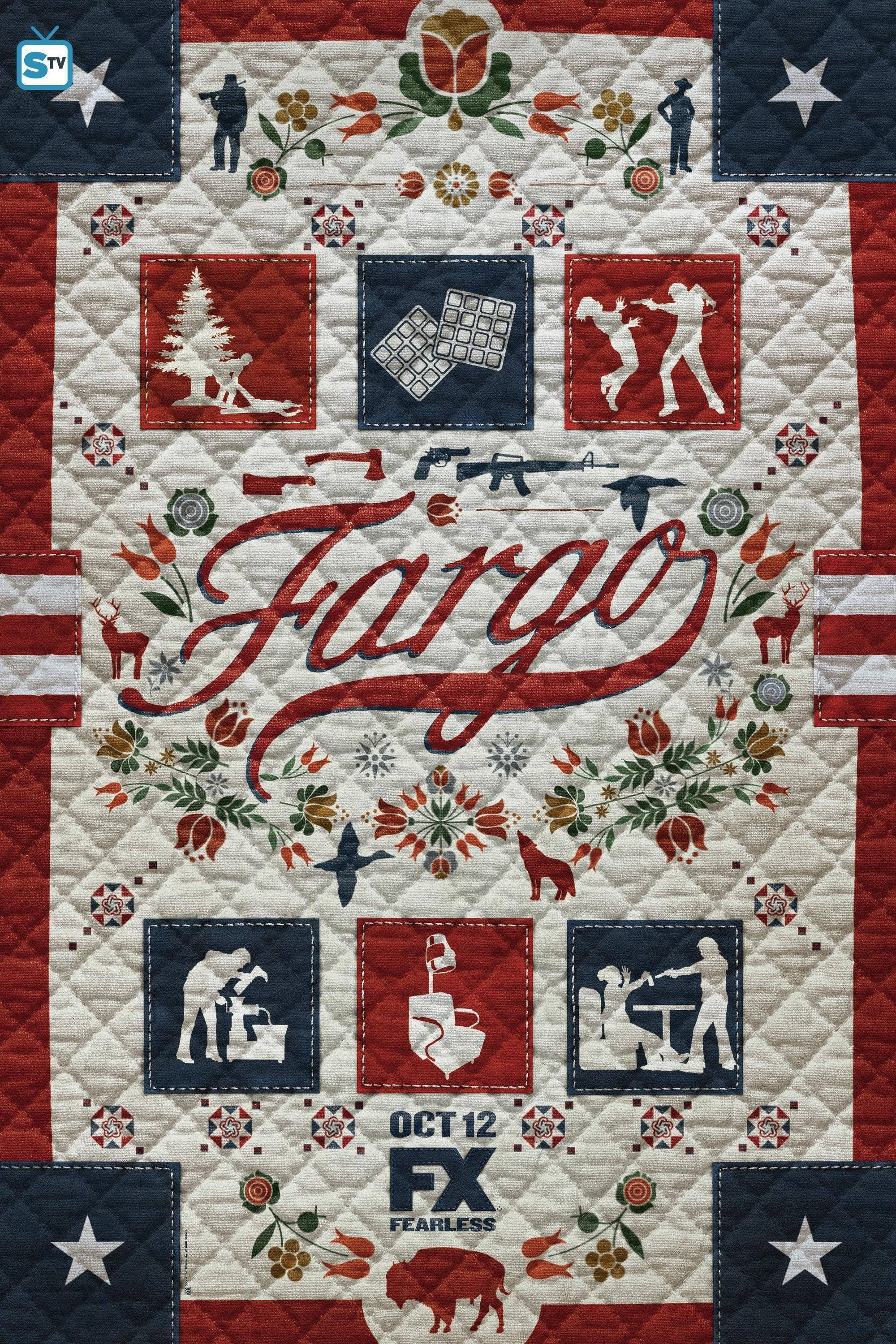 設計 桌布 壁紙 — Fargo 的拼布風格海報，帶有紅色、白色和藍色補丁，以及獵人、雪花和水牛的剪影。