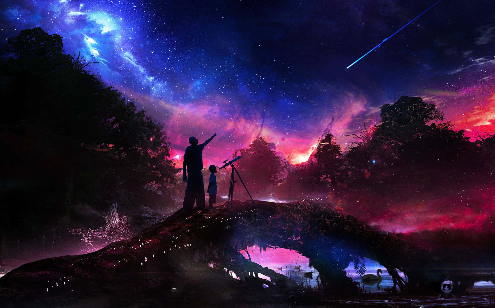  壁紙 — 黃昏時分，一位父親和一個孩子站在長滿青苔的橋上，仰望充滿星星和流星的 vibrant 宇宙天空。