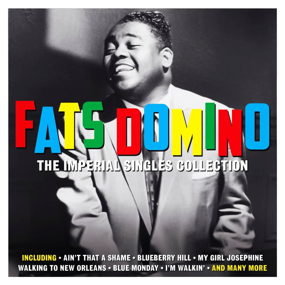 復古 桌布 壁紙 — Fats Domino 在黑白照片中愉快地微笑，他的名字上覆蓋著色彩繽紛的彩虹文字。