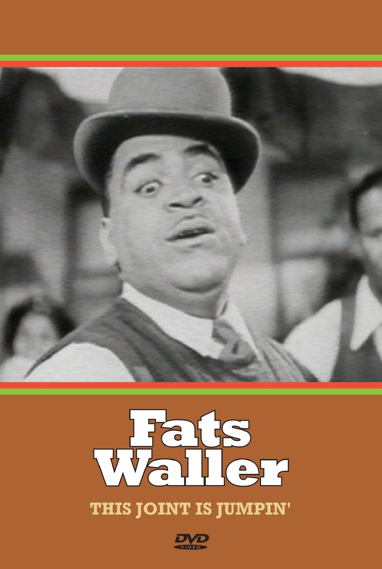 音樂 桌布 壁紙 — Fats Waller 戴著圓頂禮帽、睜大眼睛、張開嘴巴的黑白特寫，由棕色和綠色邊框框住，下方有他的名字和專輯標題。