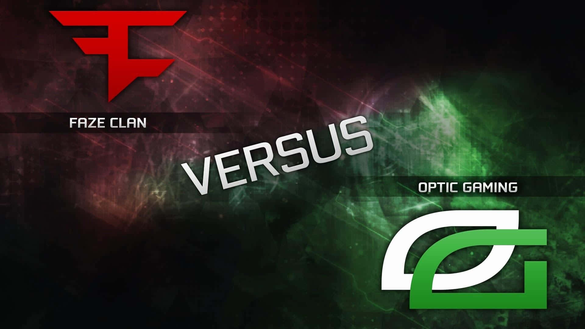 Optic Gaming 桌布 壁紙 — 數位電競桌布，展示FaZe Clan的紅色標誌對決Optic Gaming的綠色標誌，帶有發光粒子效果。