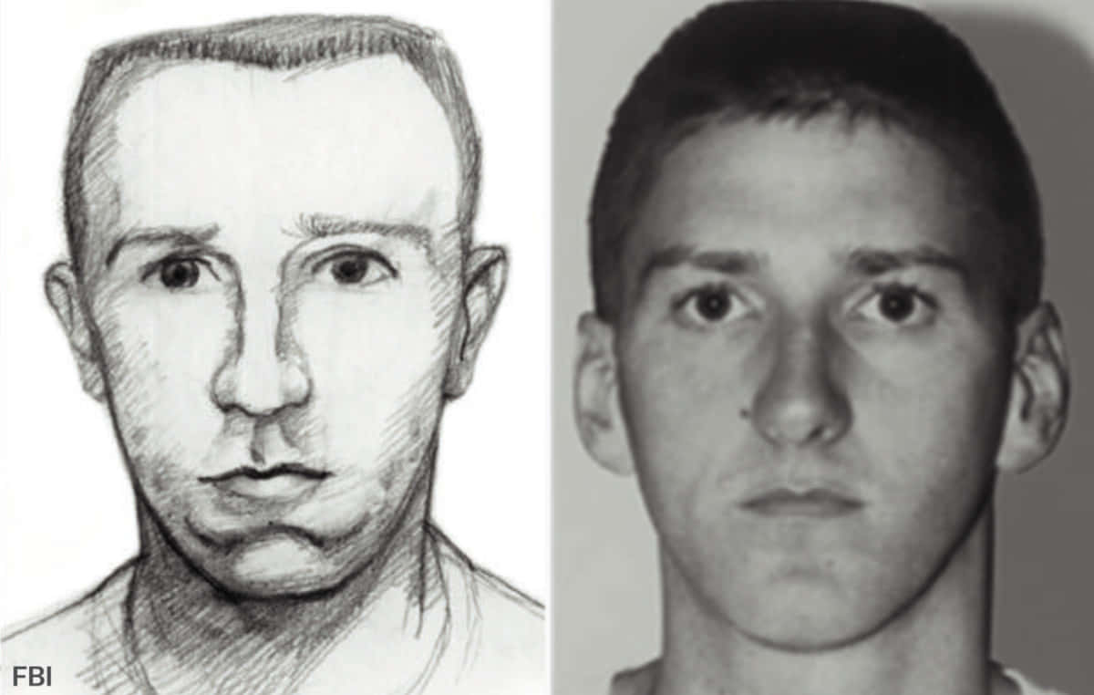 sketch 桌布 壁紙 — FBI 合成素描與一名男子的真實入案照並列，兩者均顯示一名短黑髮、表情中性的年輕男子。