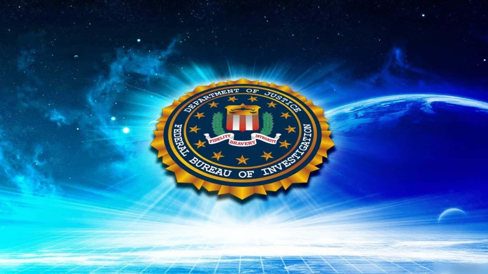 Fbi 桌布 壁紙 — FBI 徽章在宇宙背景下散發光芒，背景有藍色星球和星雲。