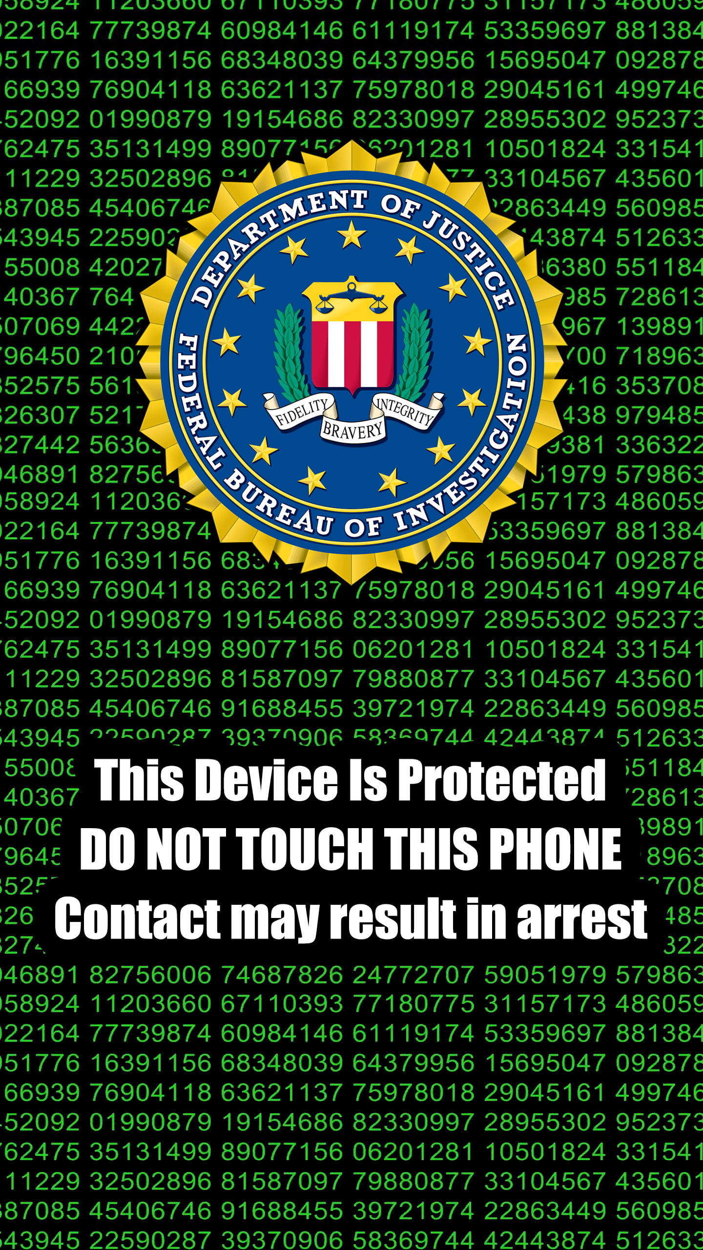 Fbi 桌布 壁紙 — FBI 標誌置於綠色數位代碼背景中央，附有粗體警告文字，關於裝置保護及被捕風險。