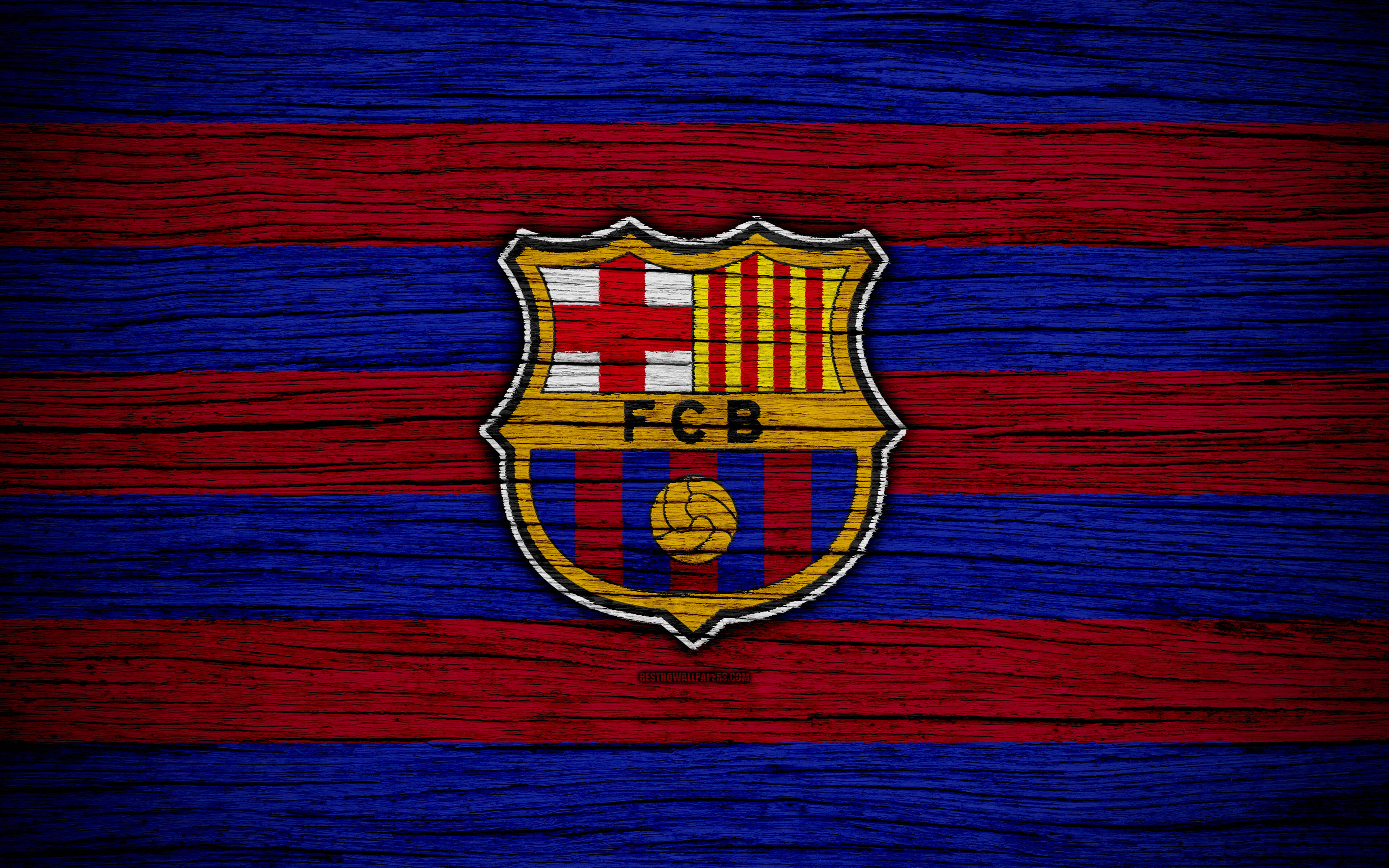 Barcelona 桌布 壁紙 — FC Barcelona 會徽置中於紅藍條紋木紋質感上，木紋清晰可見。