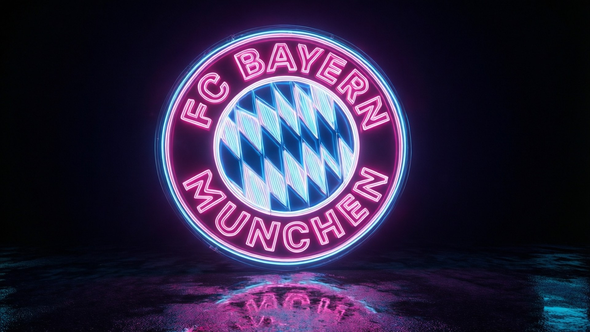 Neon Logo Cyberpunk 壁紙 — 發光的FC拜仁慕尼黑標誌霓虹燈牌，以鮮豔的粉紅色和藍色色調照亮黑暗潮濕的表面。