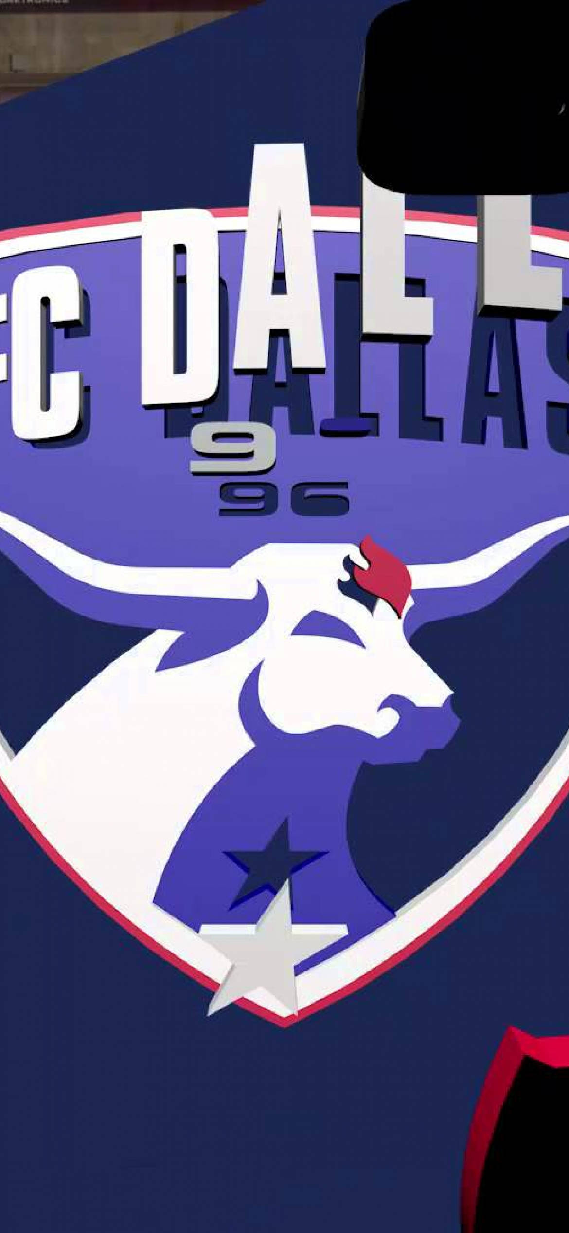 足球 桌布 壁紙 — FC Dallas 1996 足球隊標誌特寫，以藍色背景上的白色長角牛（紅色角尖和星星）為特色。