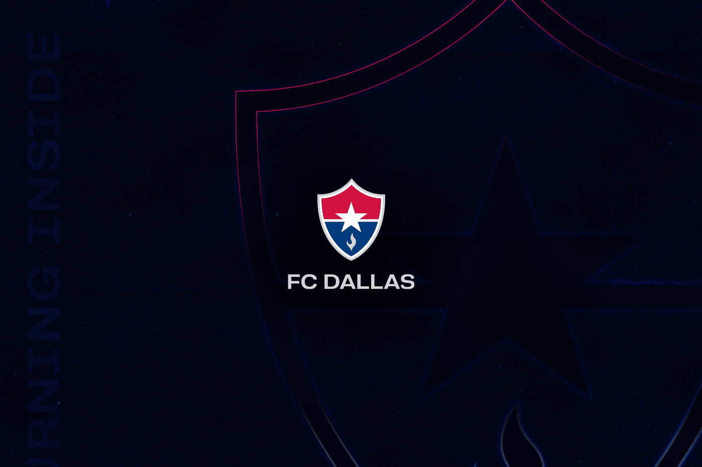 足球 桌布 壁紙 — FC Dallas 標誌居中於深藍色盾牌內，帶有發光粉紅色輪廓和微妙的星星圖案背景。
