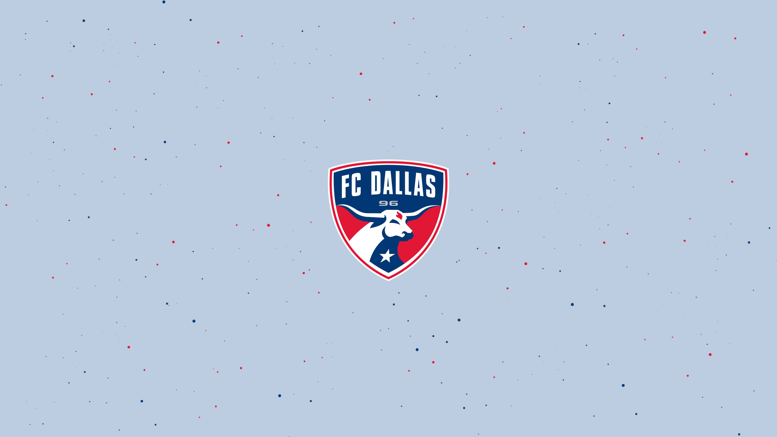 標誌 桌布 壁紙 — FC Dallas 足球隊標誌居中於淺藍色背景上，散佈著紅色和藍色圓點。