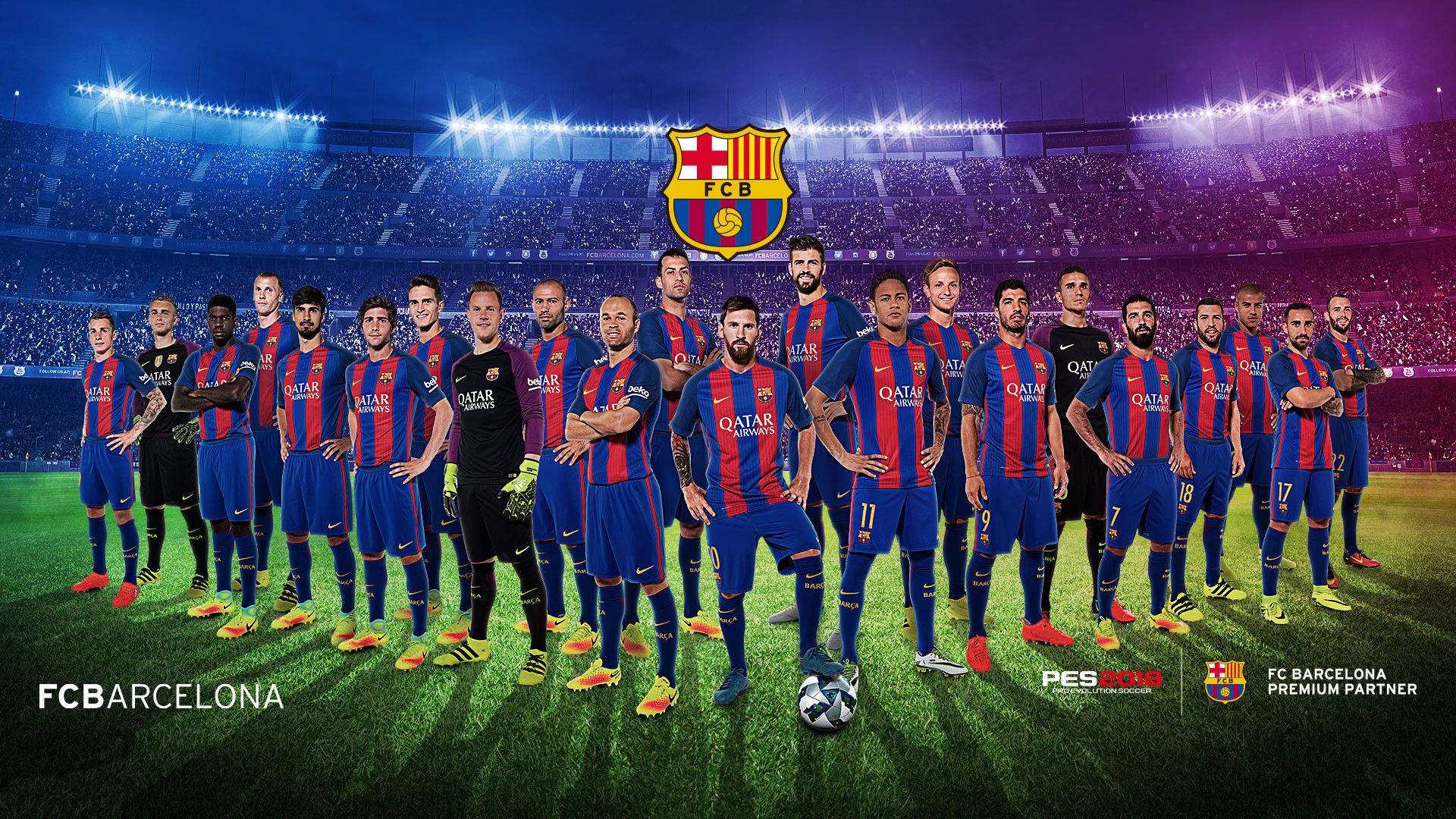World 桌布 壁紙 — FC巴塞隆納足球隊在體育場燈光下，於充滿活力的綠色球場上自信地擺姿勢，背景是擠滿的人群。