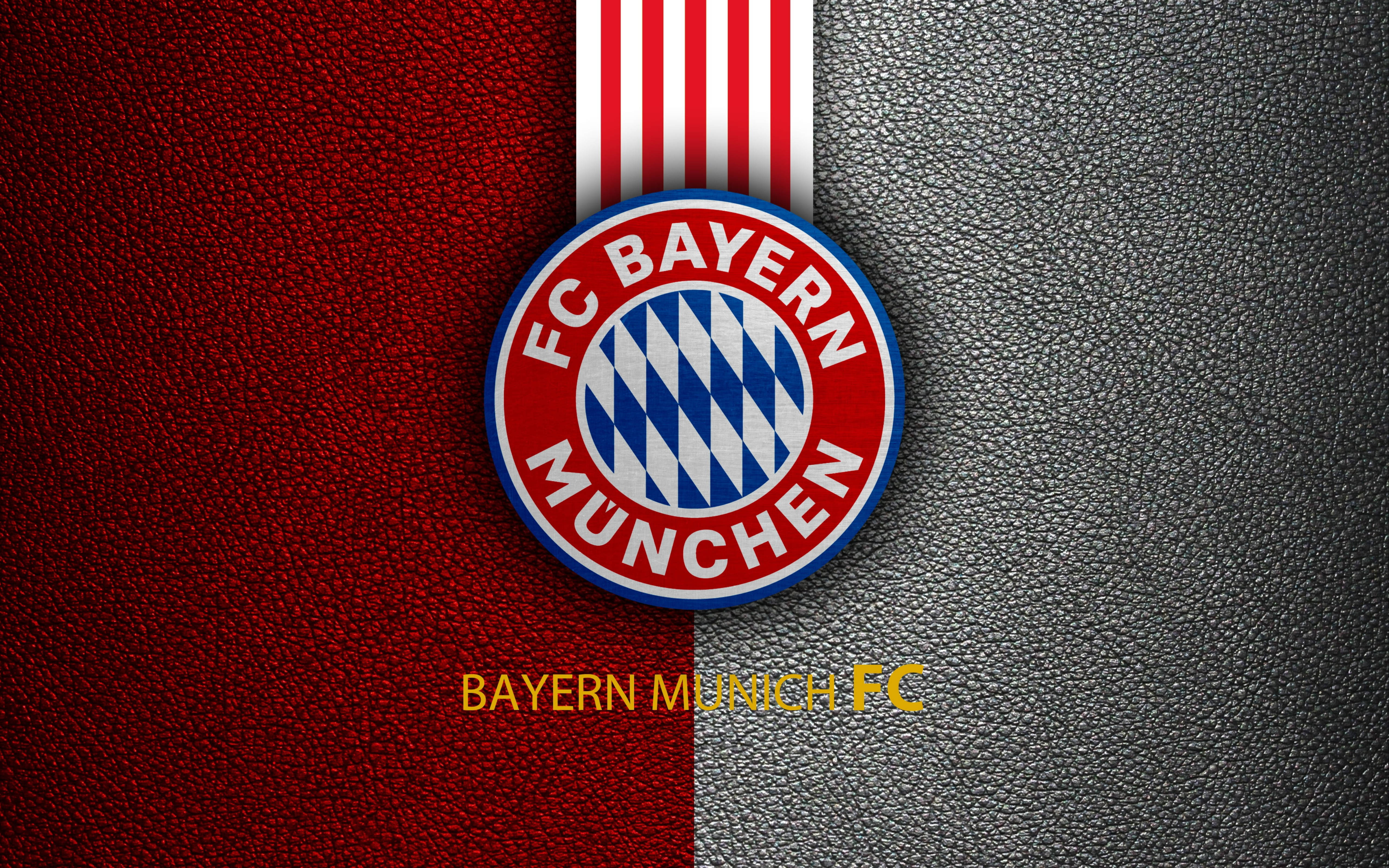 Bayern 桌布 壁紙 — FC拜仁慕尼黑會徽居中於紅色和灰色紋理皮革背景上，下方有球隊名稱。