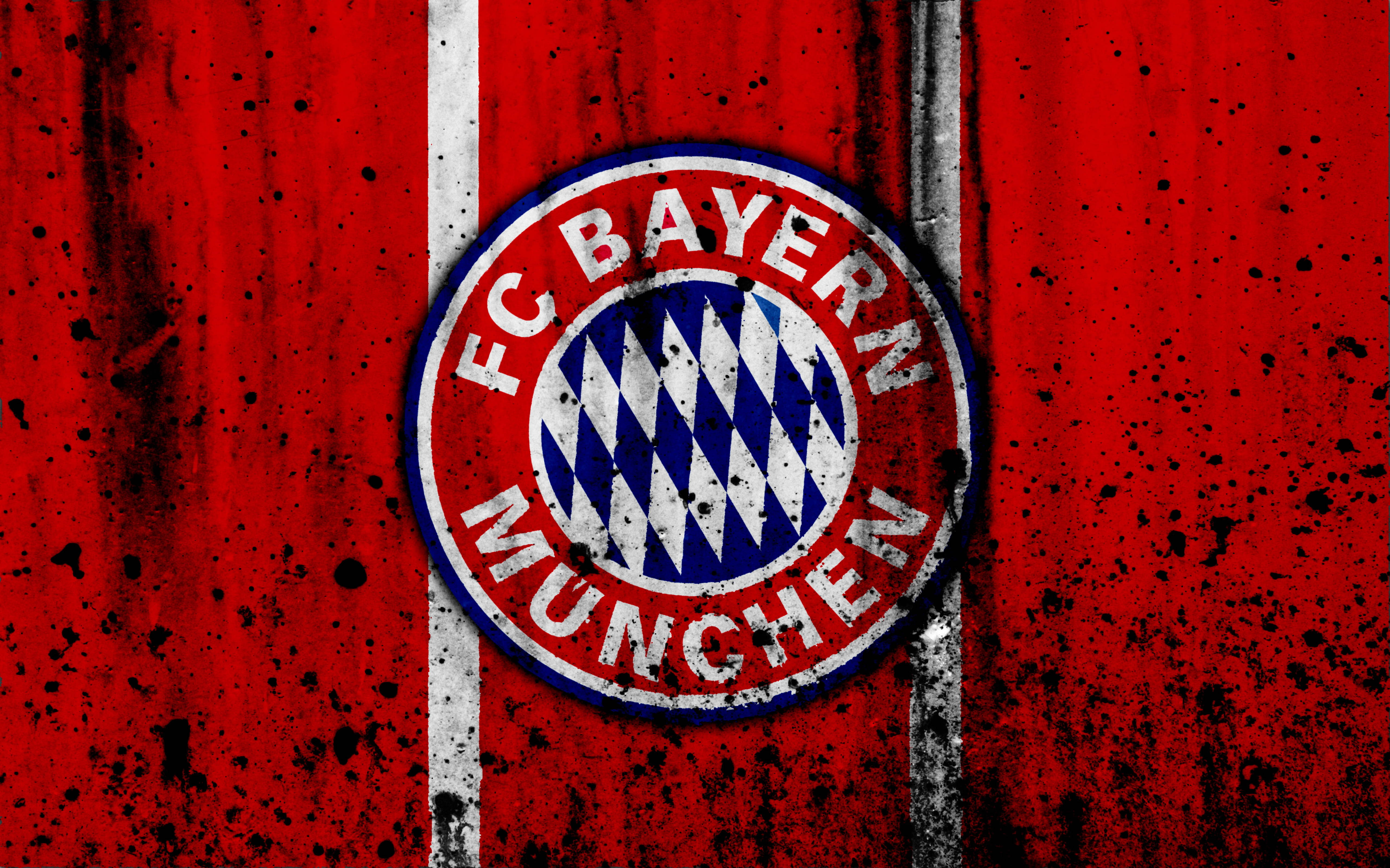 Bayern 桌布 壁紙 — FC拜仁慕尼黑標誌居中在帶有白色條紋和黑色飛濺效果的粗糙紅色背景上。