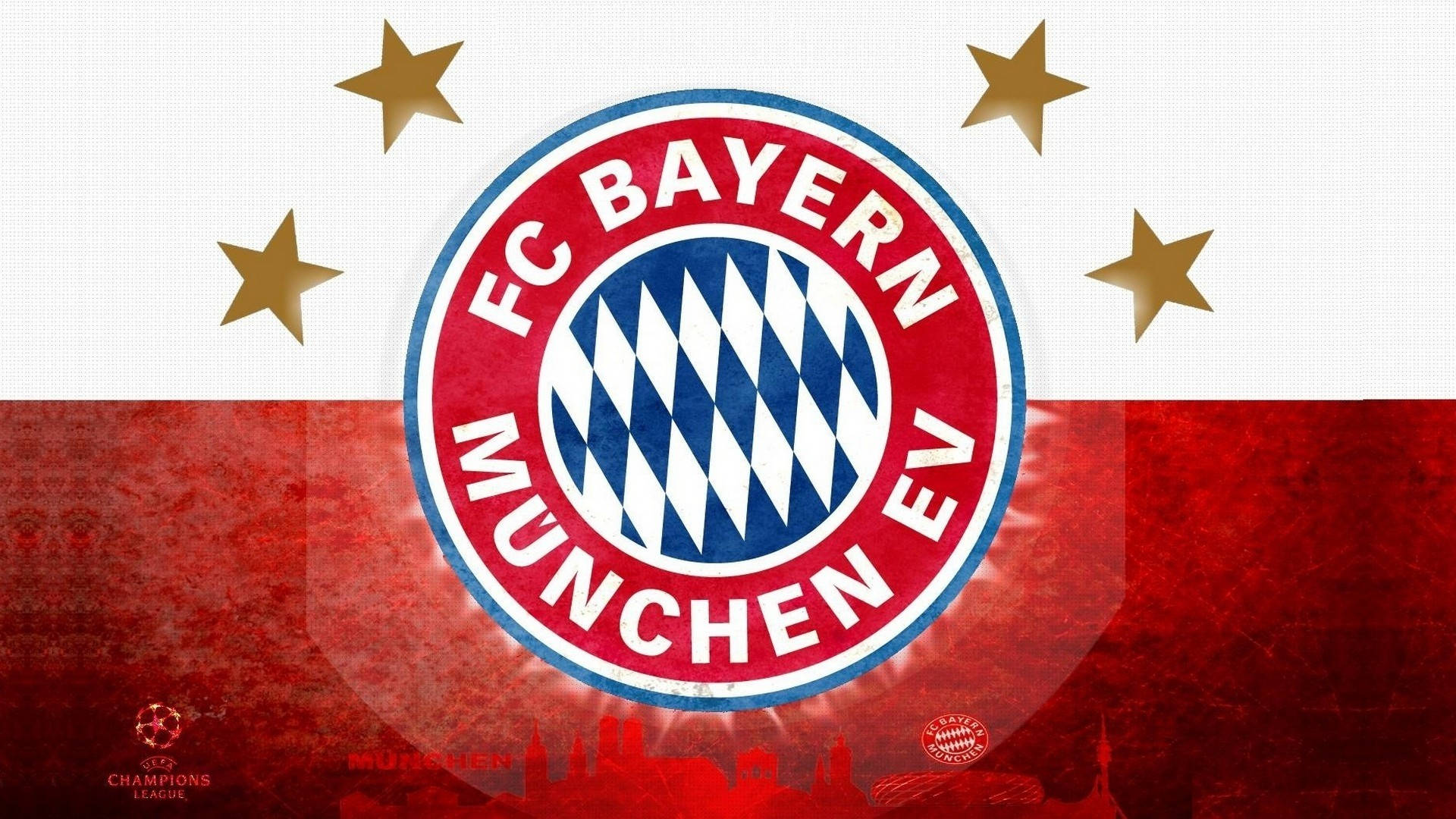 Bayern 桌布 壁紙 — FC拜仁慕尼黑標誌居中於紅白背景上，帶有金色星星和模糊的城市天際線輪廓。