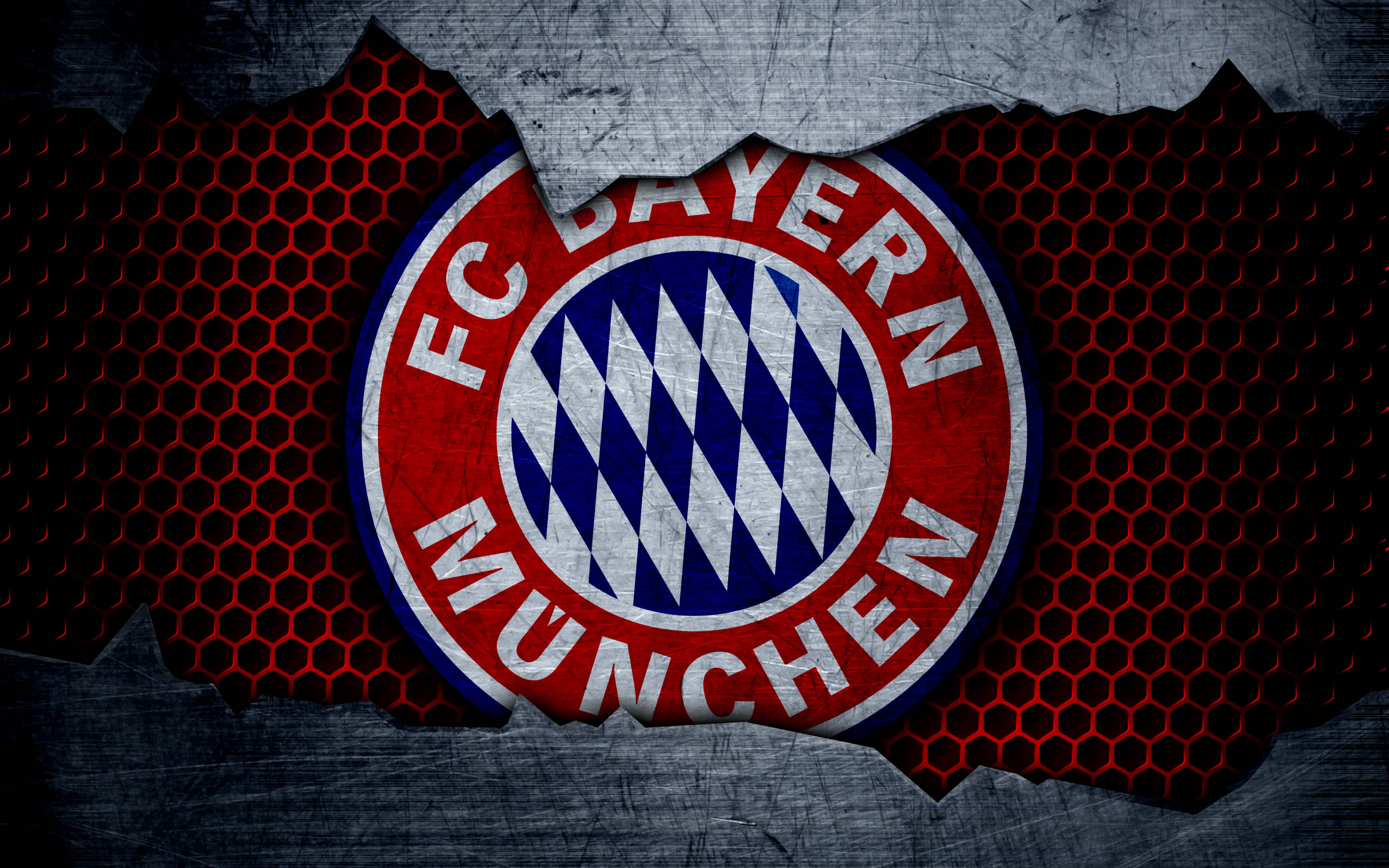 Bayern 桌布 壁紙 — FC拜仁慕尼黑標誌穿過撕裂的金屬顯露出來，露出後面的紅色六邊形圖案。