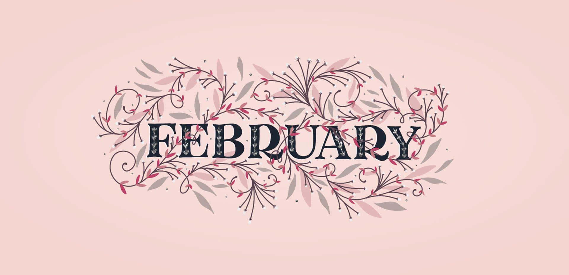  壁紙 — 「February」這個詞被精緻的粉紅色和灰色花卉漩渦優雅地框住，背景是柔和的腮紅粉紅色。