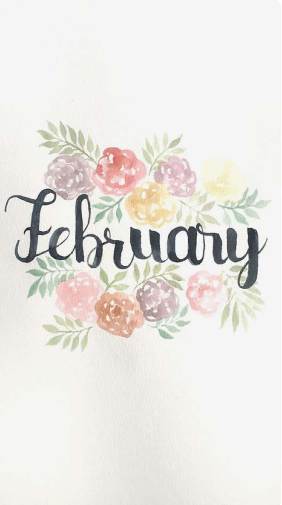 February iPhone 桌布 壁紙 — 「February」這個字以黑色墨水優雅地書寫，周圍環繞著柔和的水彩花環，由粉紅、黃色和淡紫色的粉彩花朵及綠色葉子組成，背景為奶油白色。