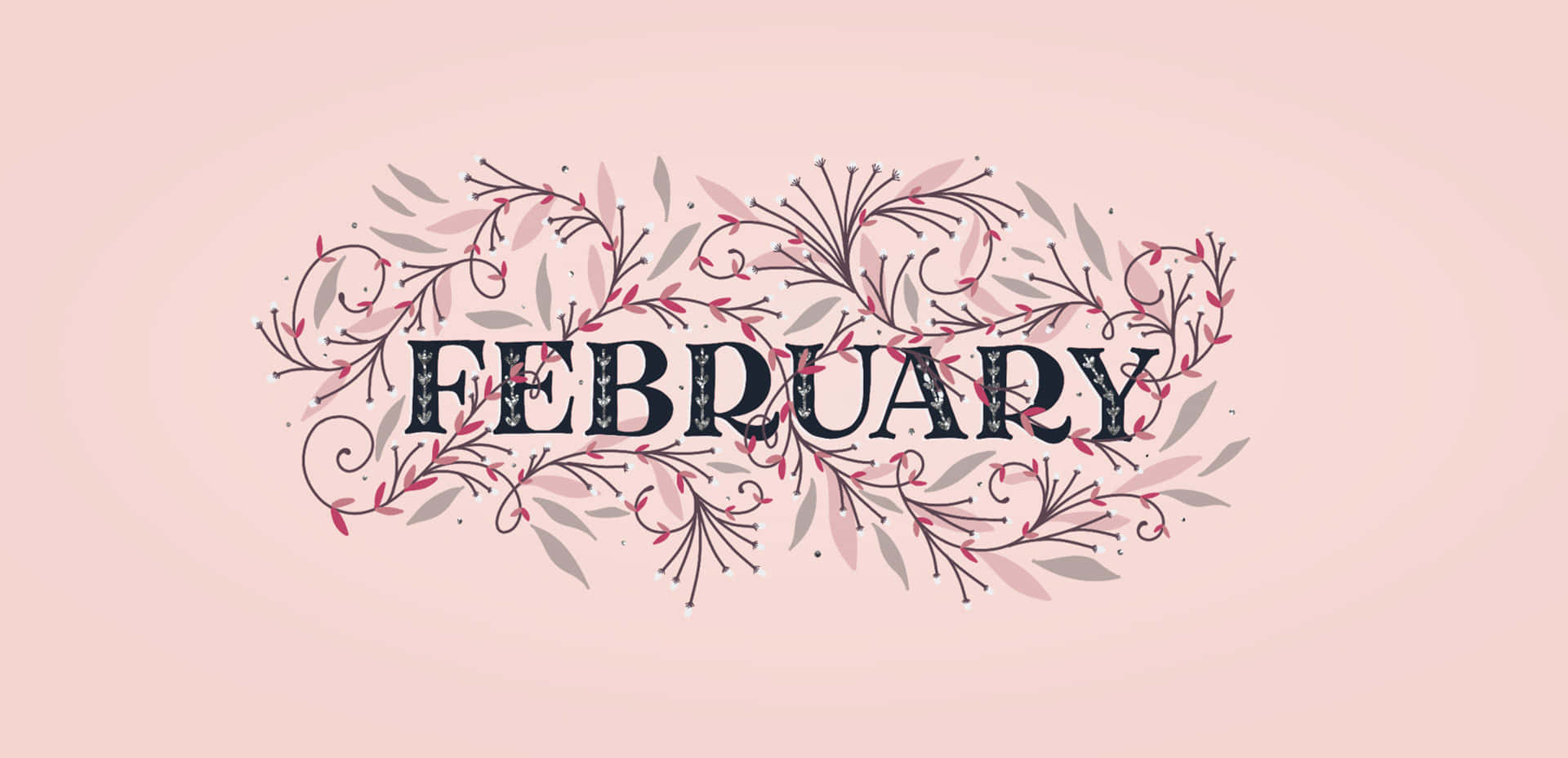 二月 桌布 壁紙 — 「February」這個字被精緻的粉紅色和灰色花卉漩渦優雅地框住，襯托著柔和的腮紅背景。