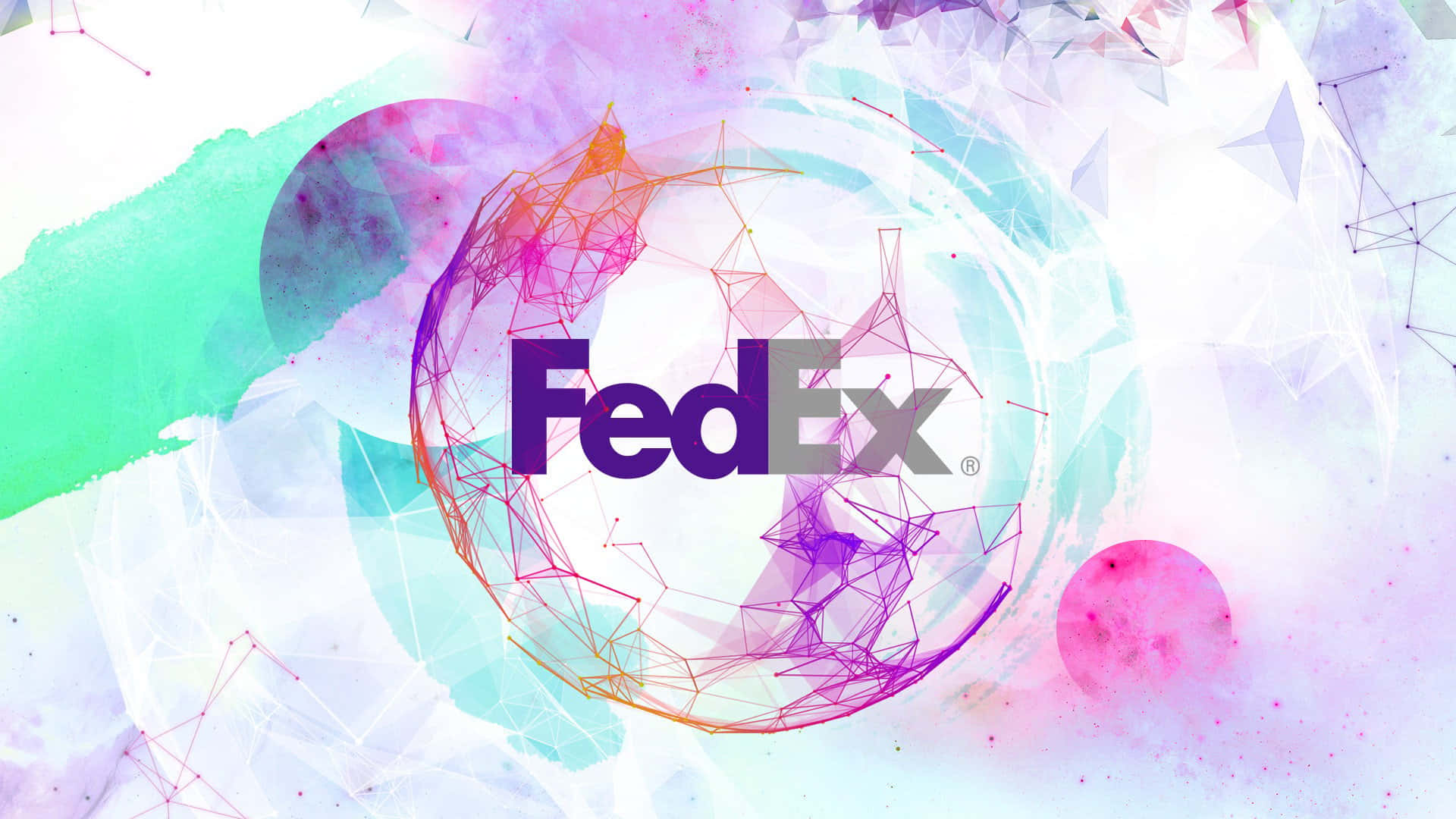 聯邦快遞 桌布 壁紙 — FedEx 標誌包裹在發光的幾何球體中，背景是充滿活力的水彩畫和抽象形狀。