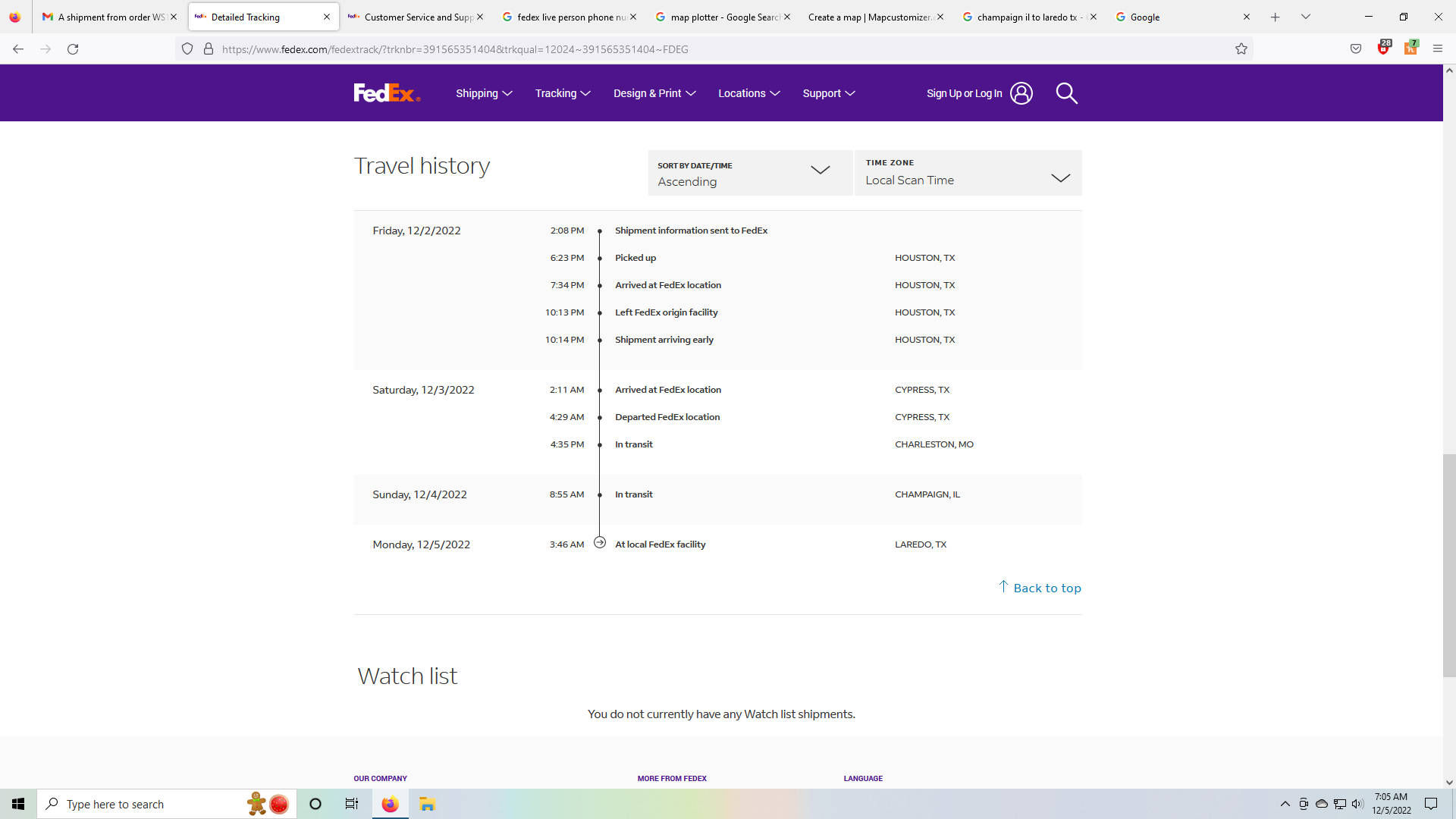 聯邦快遞 桌布 壁紙 — FedEx 貨件追蹤頁面，顯示跨越多個州的詳細運輸歷史，包含時間戳記和地點。