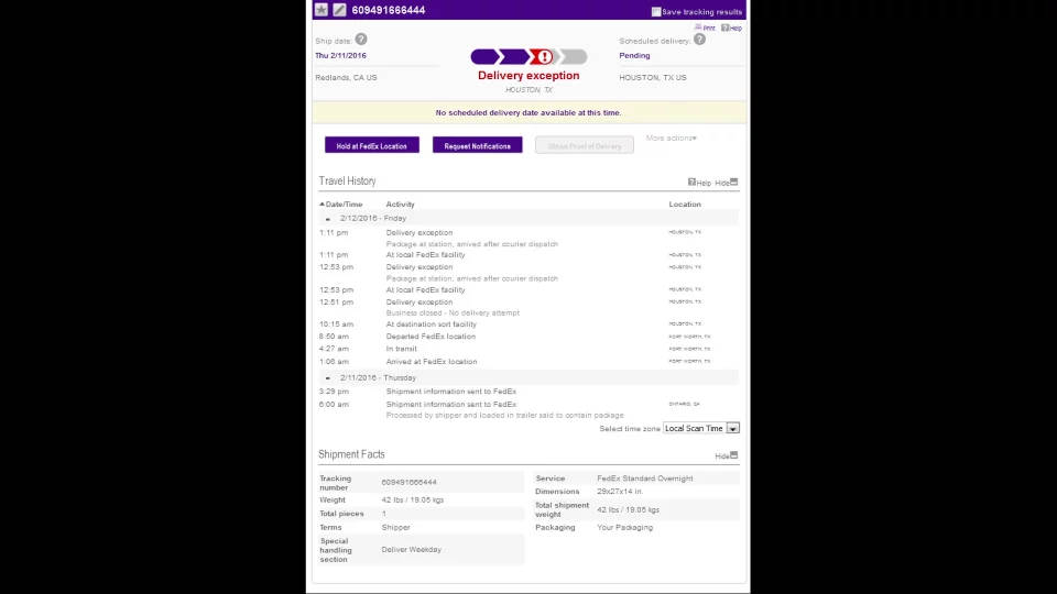 桌布 壁紙 — FedEx 追蹤頁面，顯示送貨例外情況，並附有詳細的旅行歷史和貨運資料。
