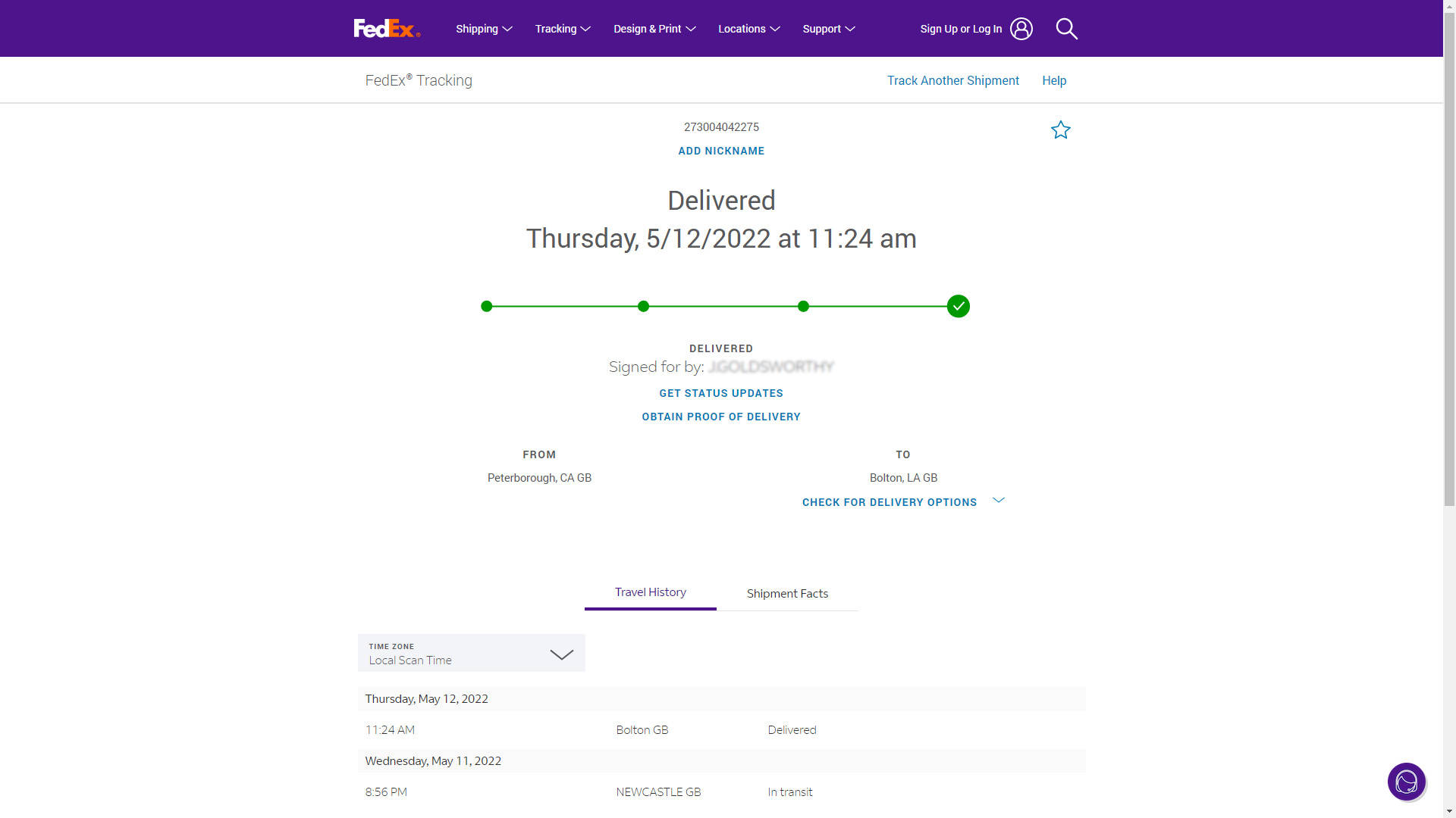 聯邦快遞 桌布 壁紙 — FedEx 追蹤頁面顯示一個包裹已於 2022 年 5 月 12 日星期四上午 11:24 從 Peterborough 送達 Bolton。