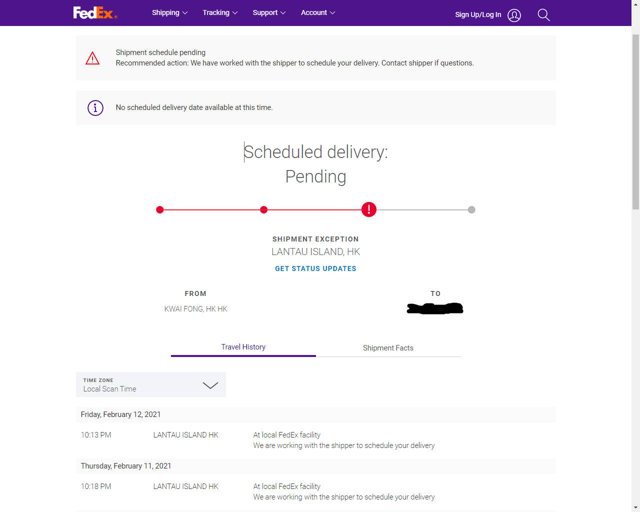 聯邦快遞 桌布 壁紙 — FedEx 追蹤頁面顯示來自香港大嶼山的待處理貨件，帶有紅色警報圖示和例外通知。