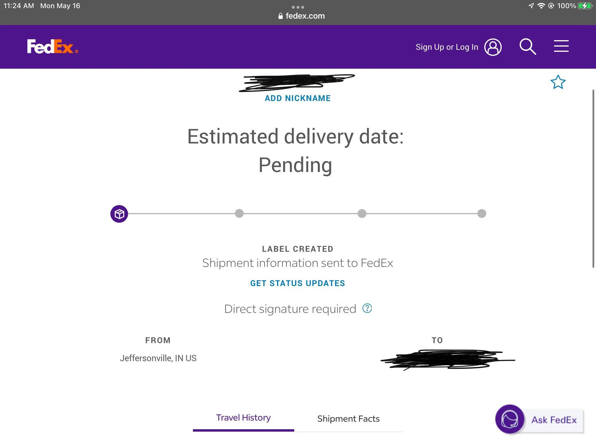 聯邦快遞 桌布 壁紙 — FedEx 運單追蹤頁面，顯示待處理的送貨狀態，寄件人和收件人地址已模糊處理。