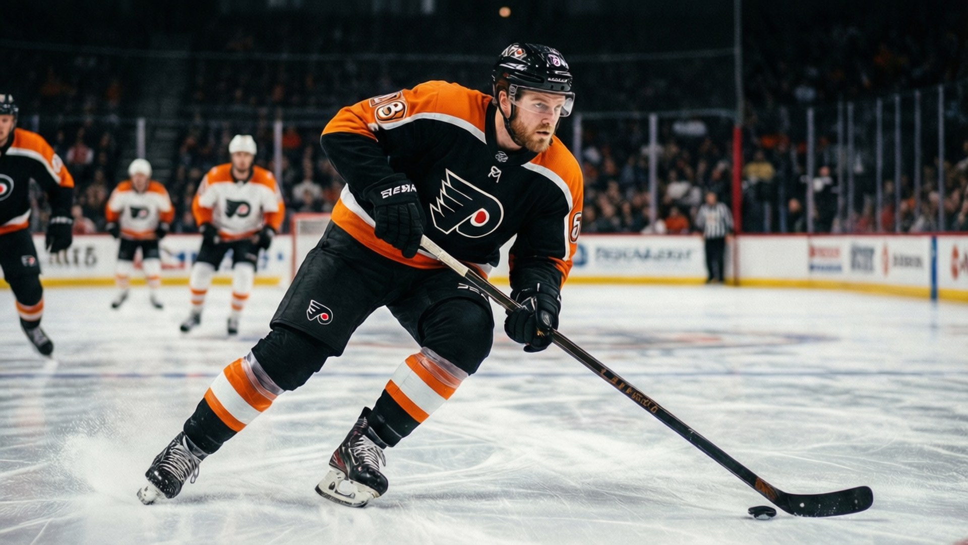 Provorov Puck Control 壁紙 — 一名費城飛人隊冰球運動員身穿黑色和橙色裝備，在明亮的場館燈光下，於比賽期間在冰上激烈地滑行並持桿。