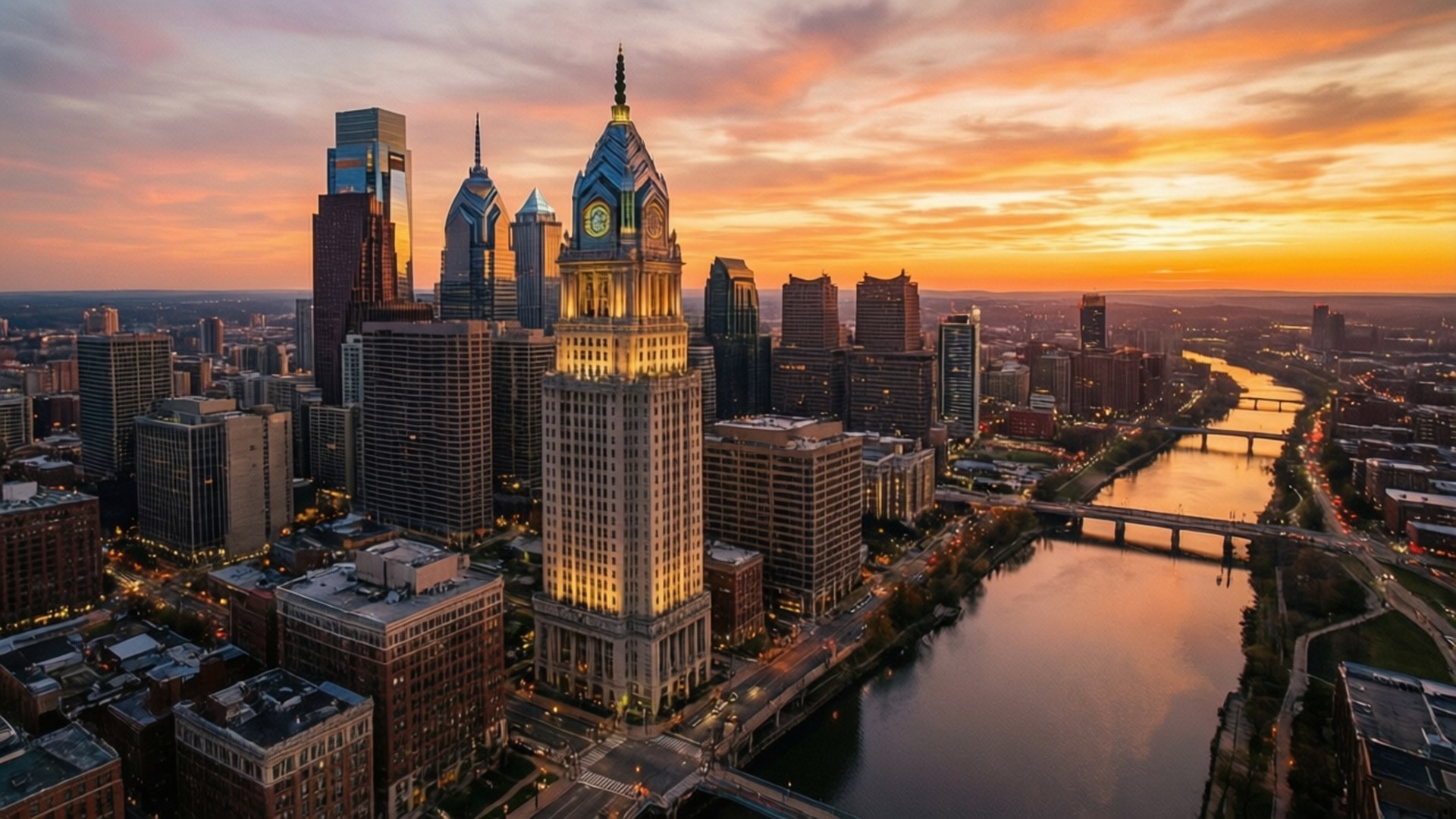 Aerial Golden Hour Philadelphia 壁紙 — 費城天際線的鳥瞰圖，日落時分，市政廳燈火通明，斯庫爾基爾河蜿蜒穿過城市景觀。