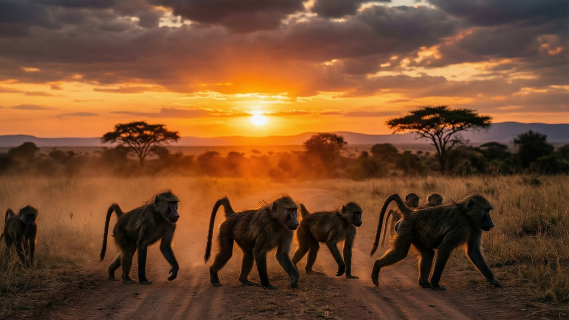 Baboon March 壁紙 — 一群狒狒走過塵土飛揚的稀樹草原小徑，夕陽落在遠處的金合歡樹後，灑下溫暖的金色光芒。