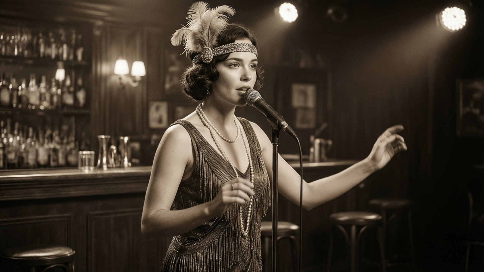 Flapper Jazz Age 壁紙 — 一位戴著羽毛頭帶和珠飾連衣裙的飛女郎在燈光昏暗的地下酒吧對著復古麥克風唱歌。